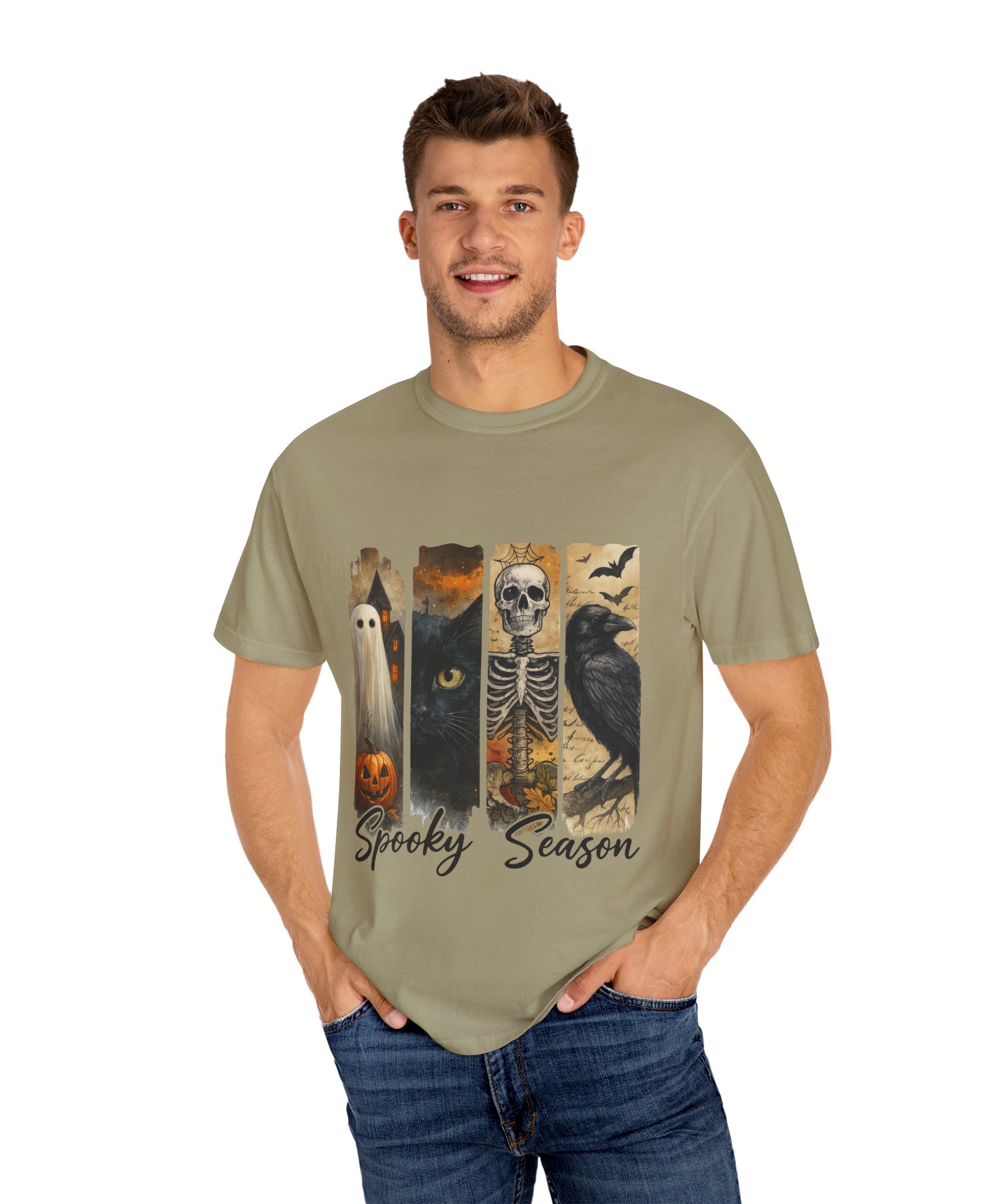 Spooky Season Gothic Halloween T-Shirt – Ghost, Black Cat, Skeleton & Raven Design - Gallory Hive