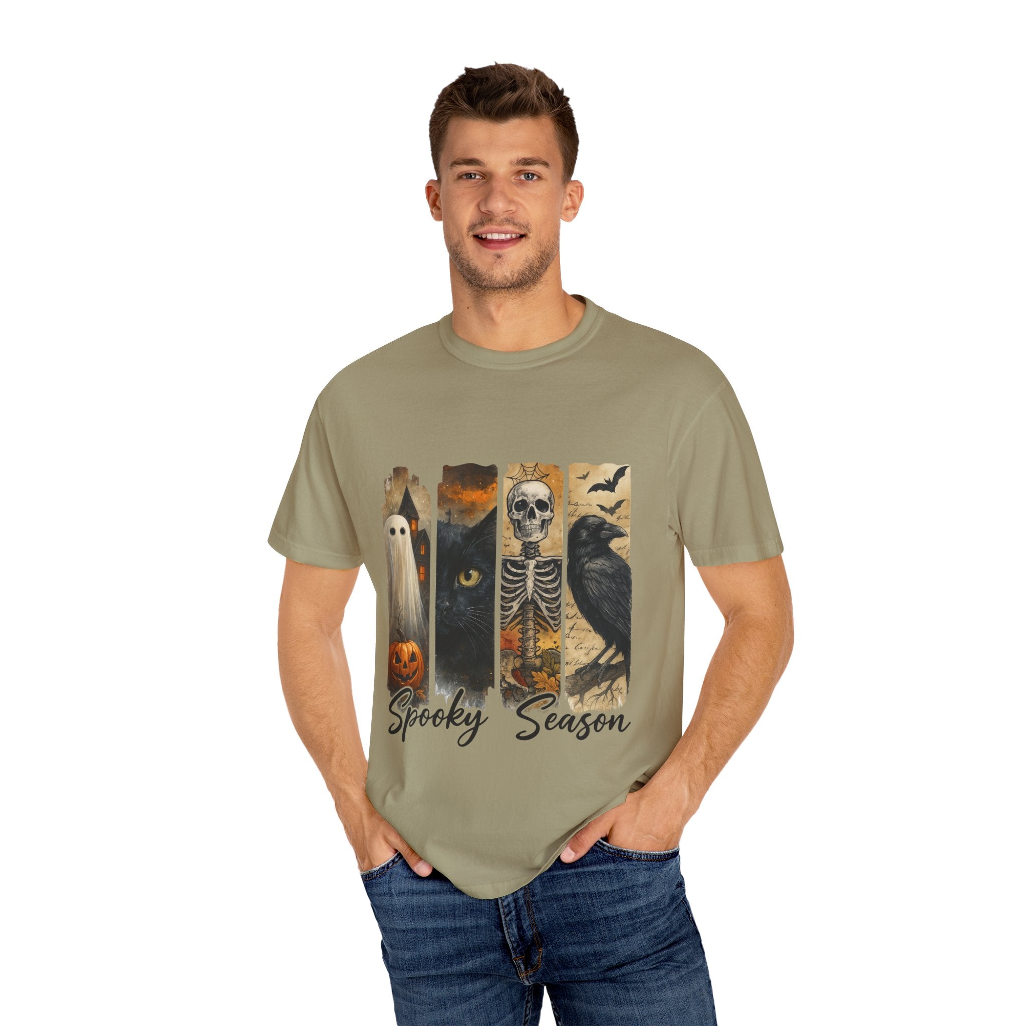Spooky Season Gothic Halloween T-Shirt – Ghost, Black Cat, Skeleton & Raven Design