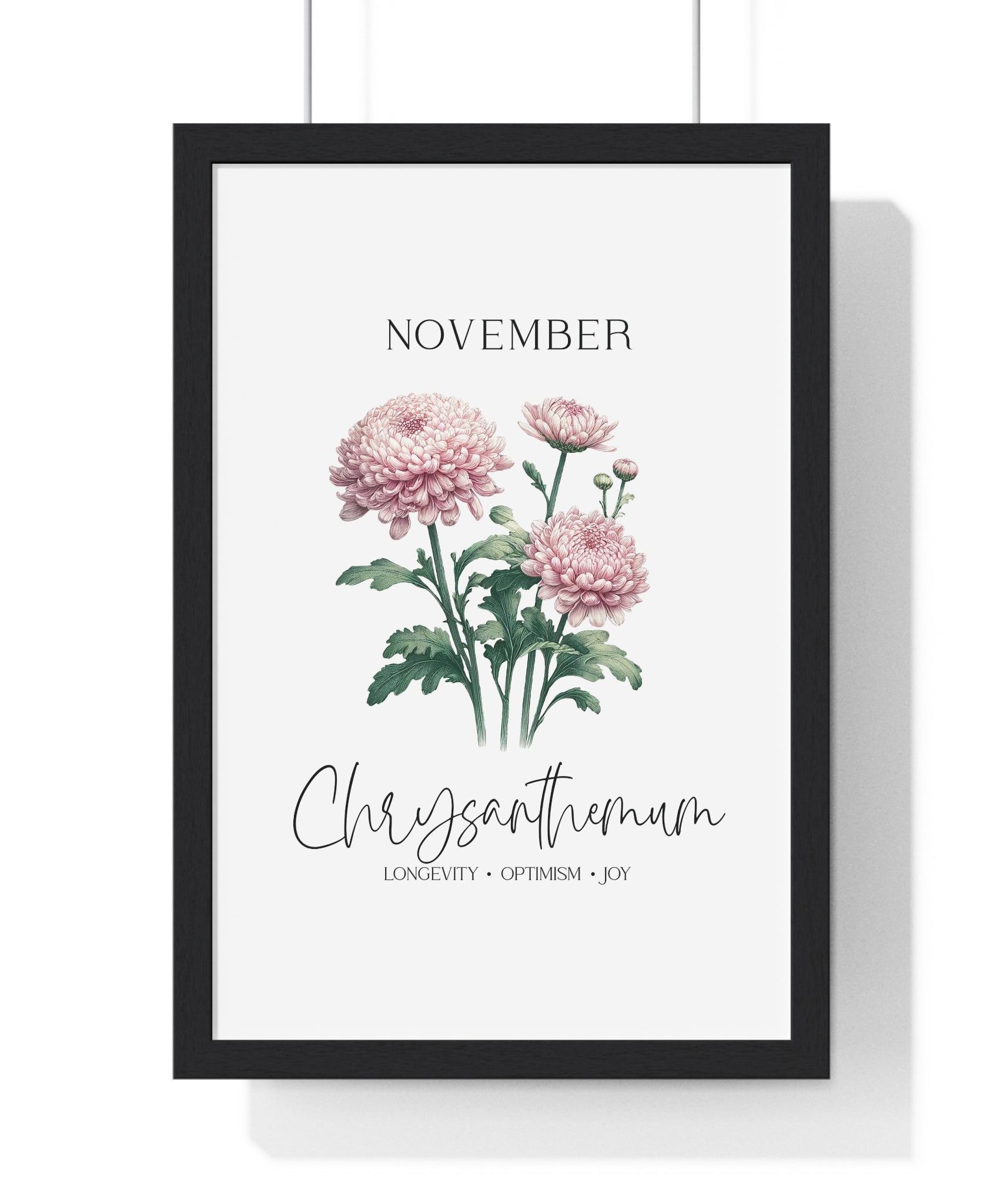 November Birth Month Flower Wall Art – Chrysanthemum Illustration in Wooden Frame | Longevity, Optimism & Joy