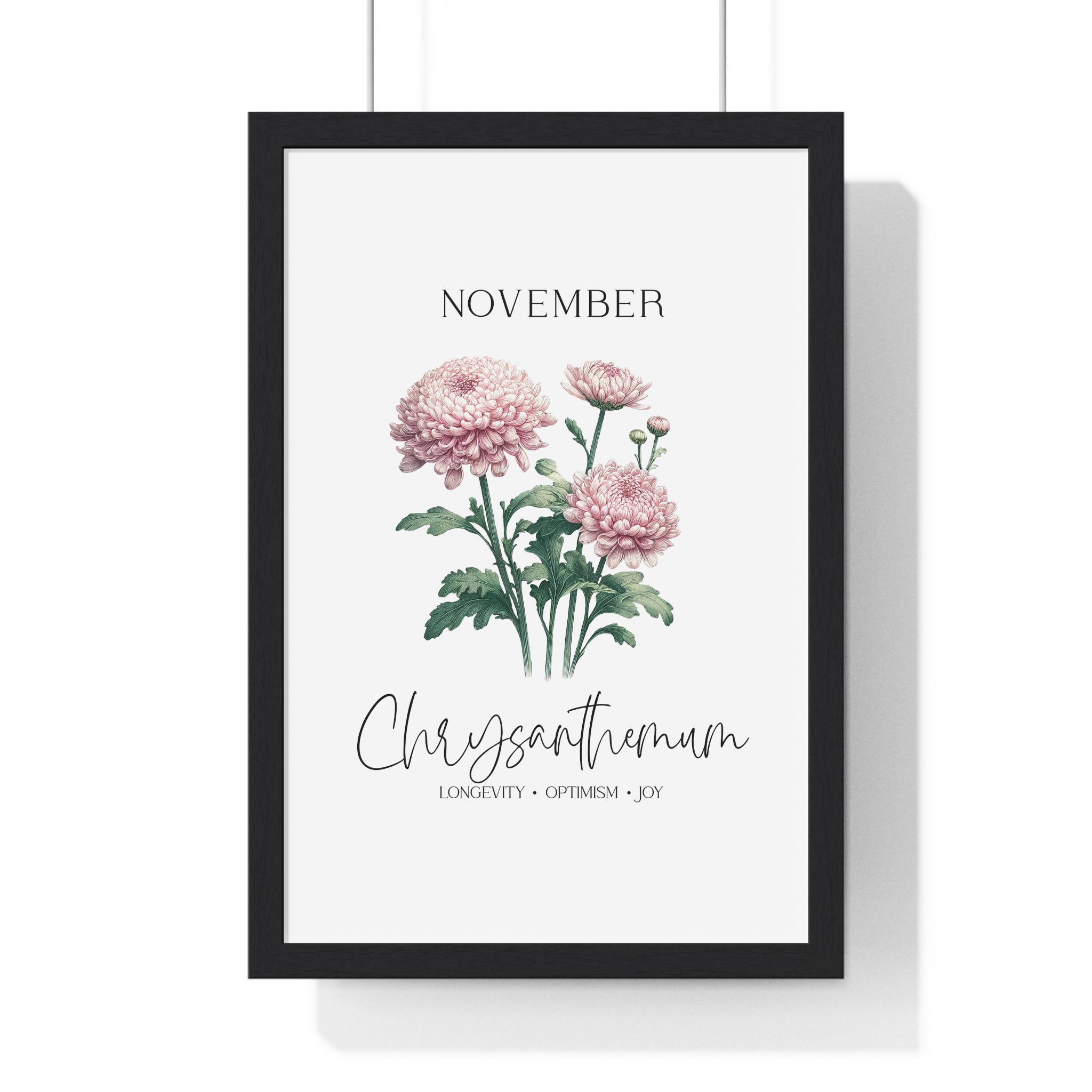 November Birth Month Flower Wall Art – Chrysanthemum Illustration in Wooden Frame | Longevity, Optimism & Joy