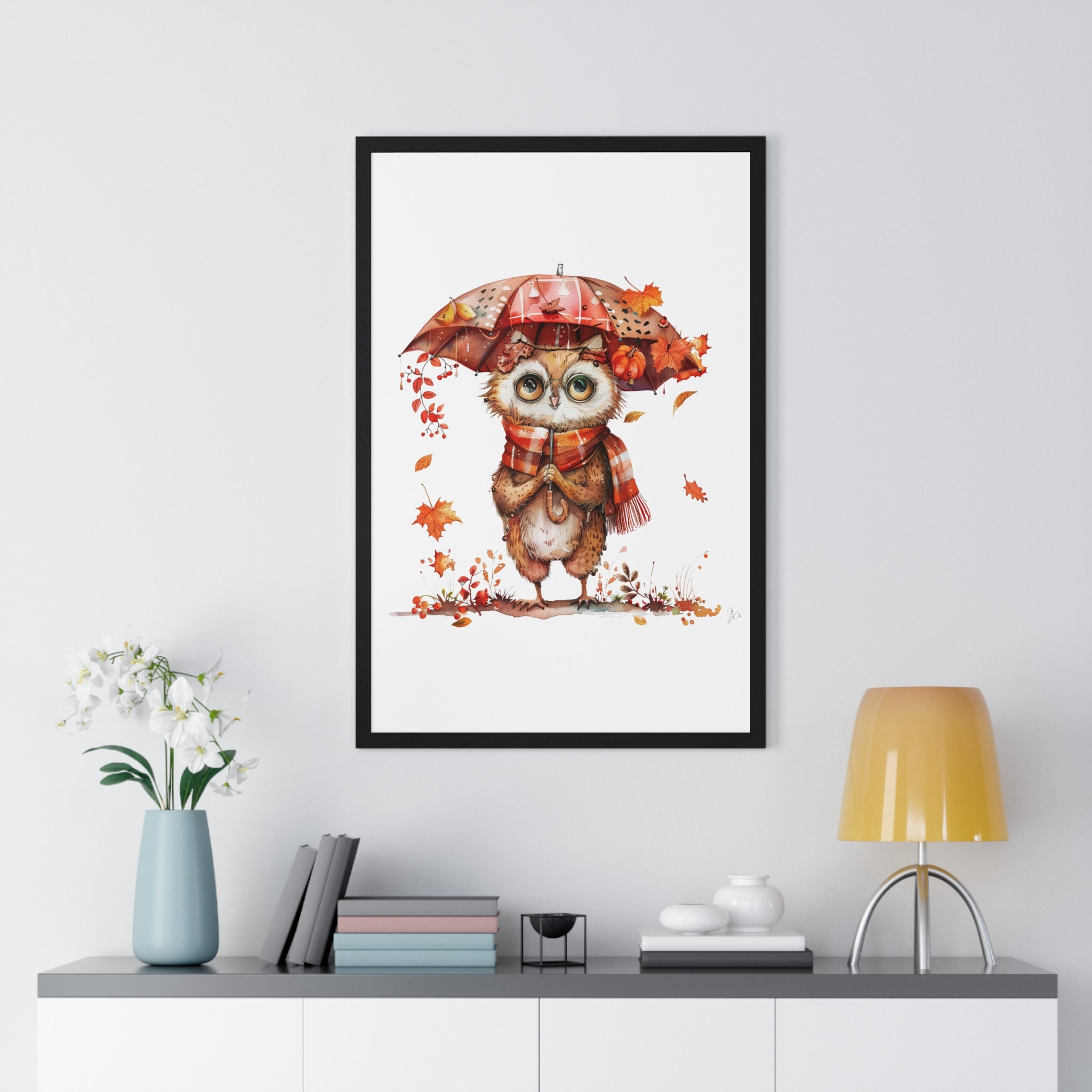 Autumn Owl with Umbrella – Framed Wall Art | Gallory Hive