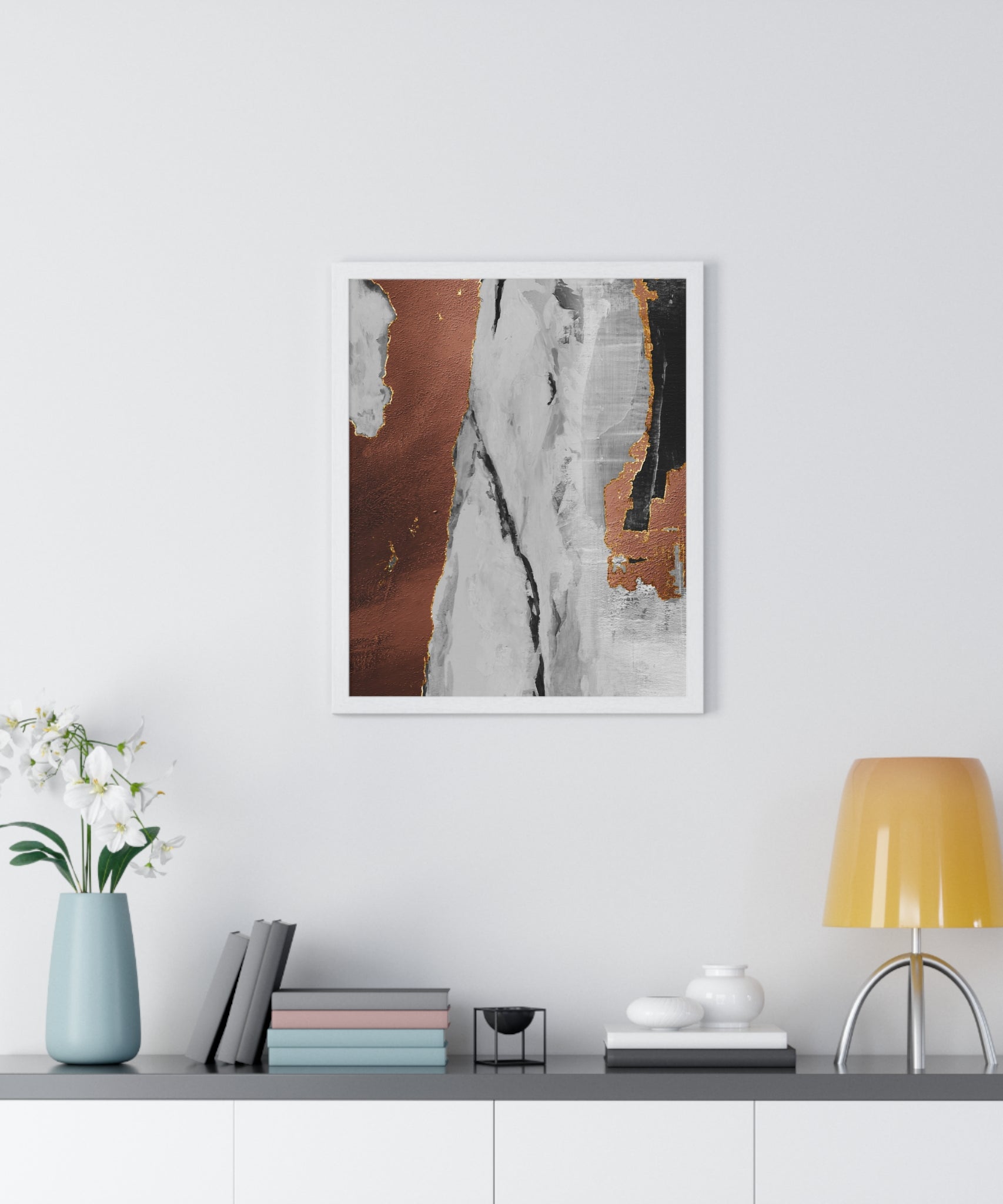 Luxury Abstract Wall Art Poster – Metallic Copper & Marble Texture on Wooden Frame – Modern Home Décor