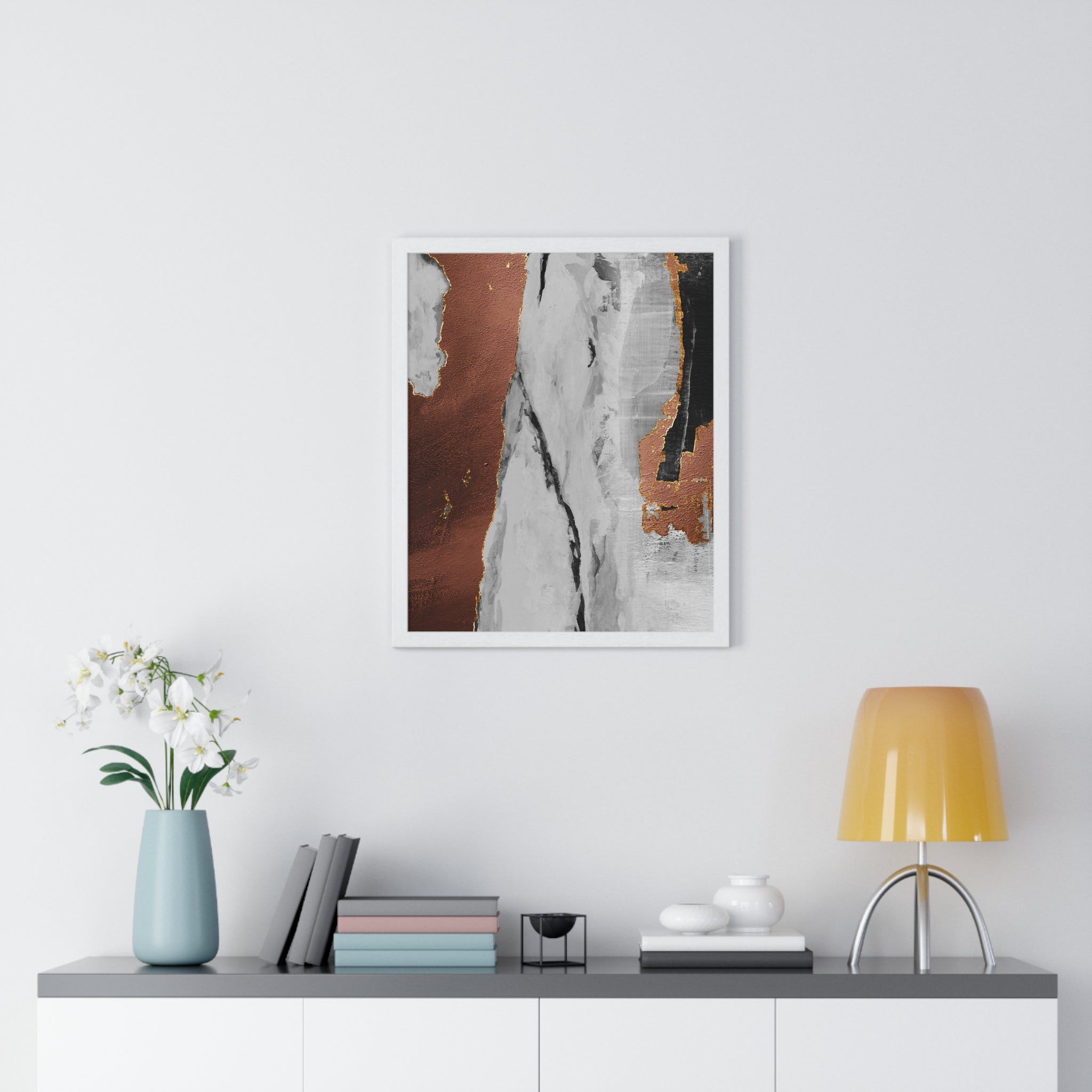 Luxury Abstract Wall Art Poster – Metallic Copper & Marble Texture on Wooden Frame – Modern Home Décor