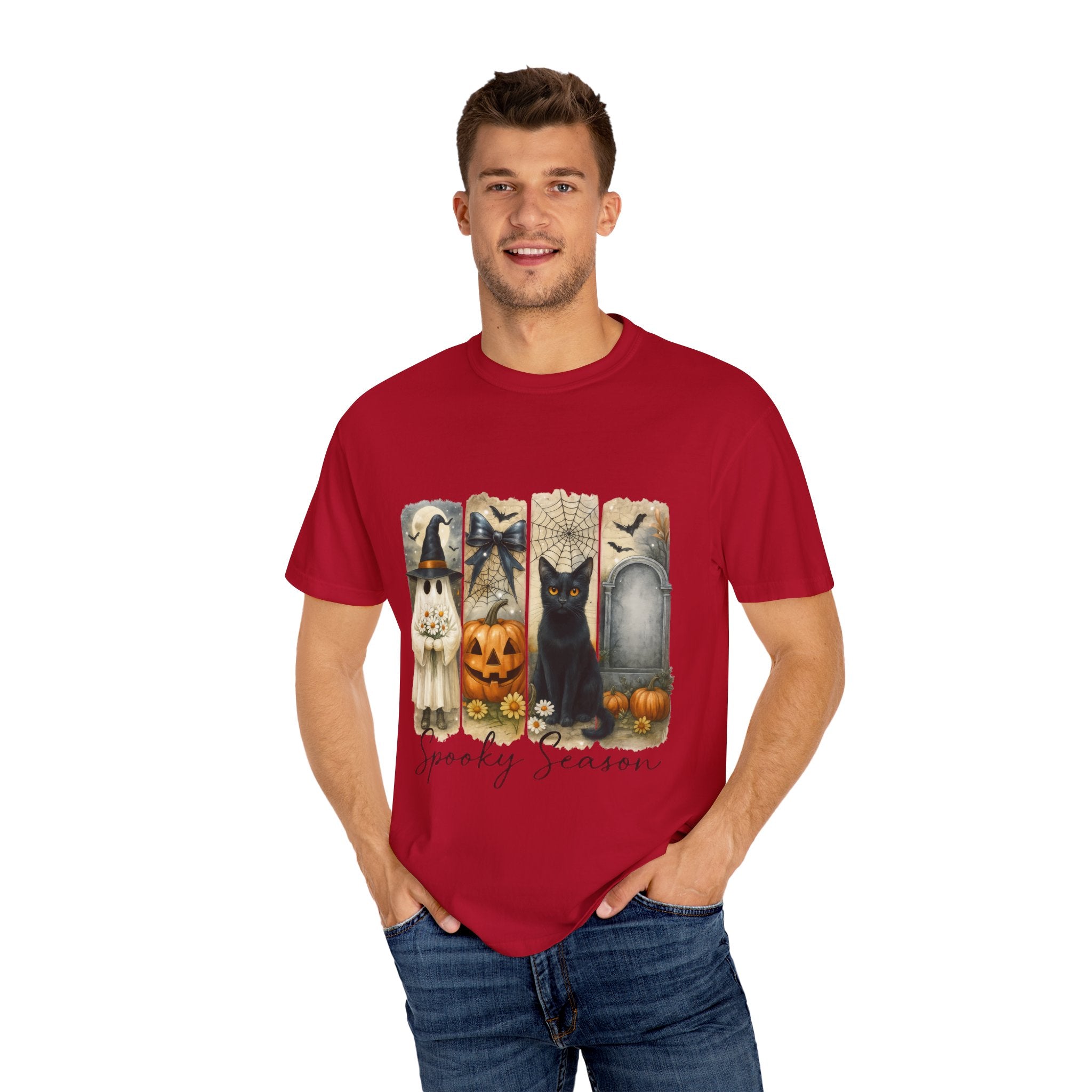 Spooky Season Halloween Unisex T-Shirt – Ghost, Black Cat & Pumpkin Design
