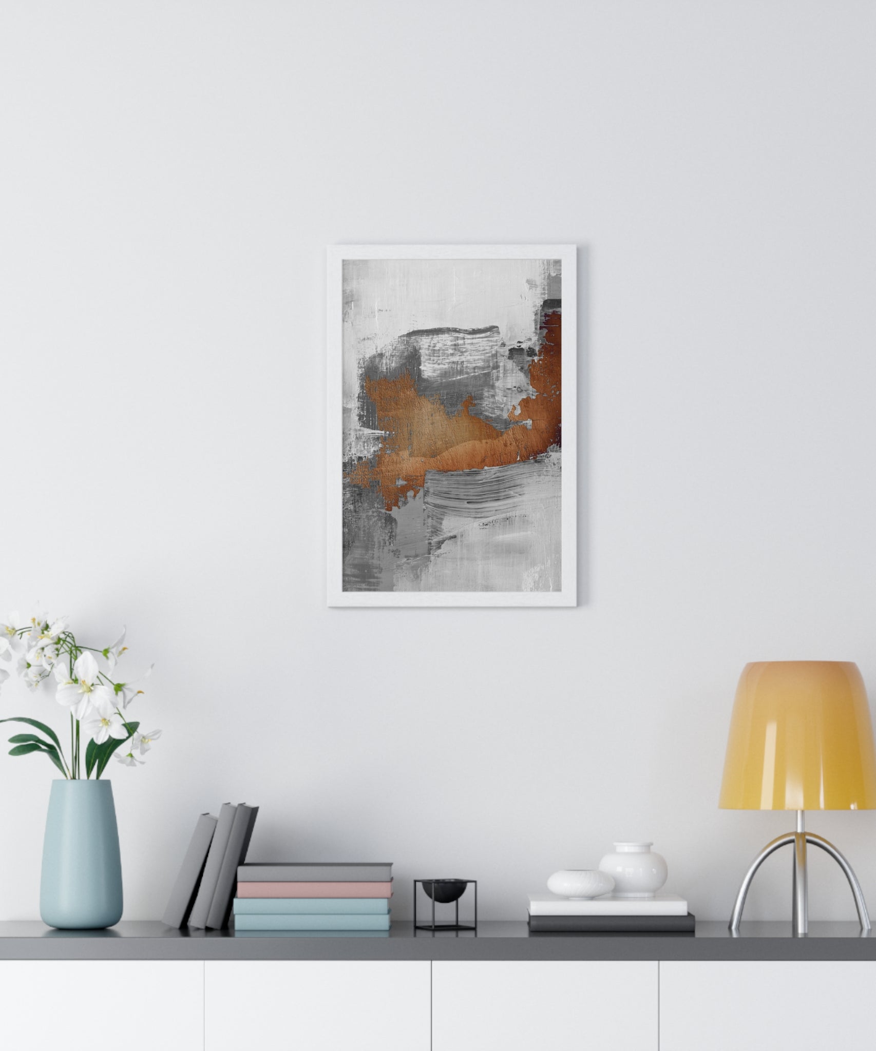 Textured Abstract Wall Art – Grey, Copper & White Modern Brushstroke Poster on Wooden Frame