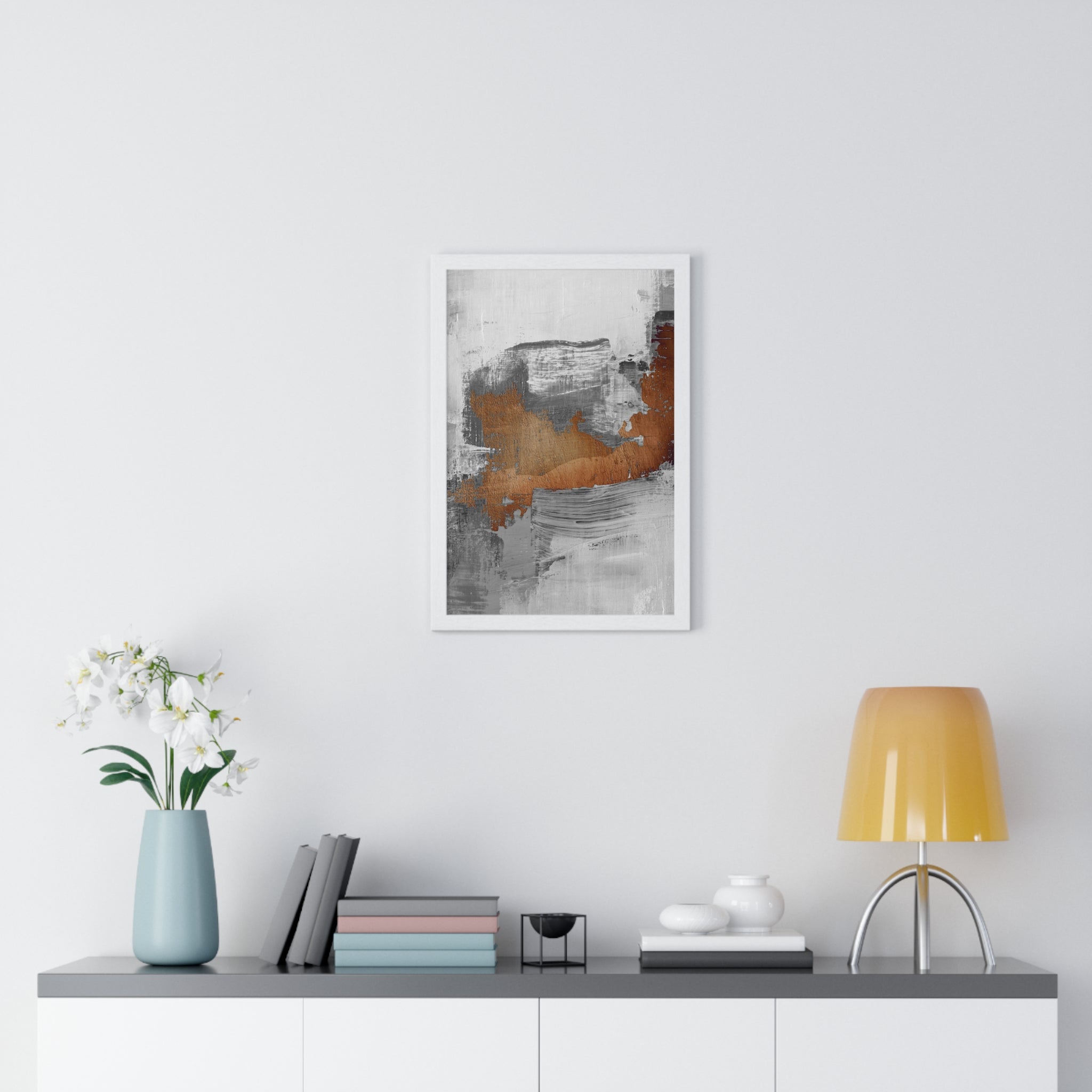 Textured Abstract Wall Art – Grey, Copper & White Modern Brushstroke Poster on Wooden Frame