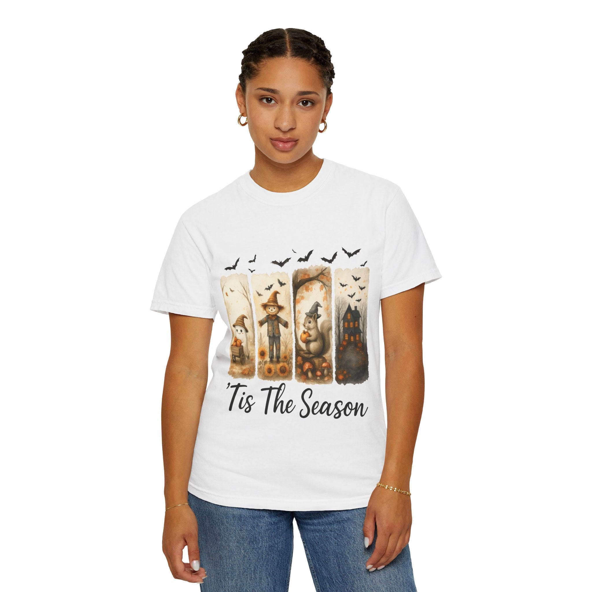 Tis The Season Fall Halloween T-Shirt – Cute Ghost, Scarecrow, Squirrel & Haunted House Design