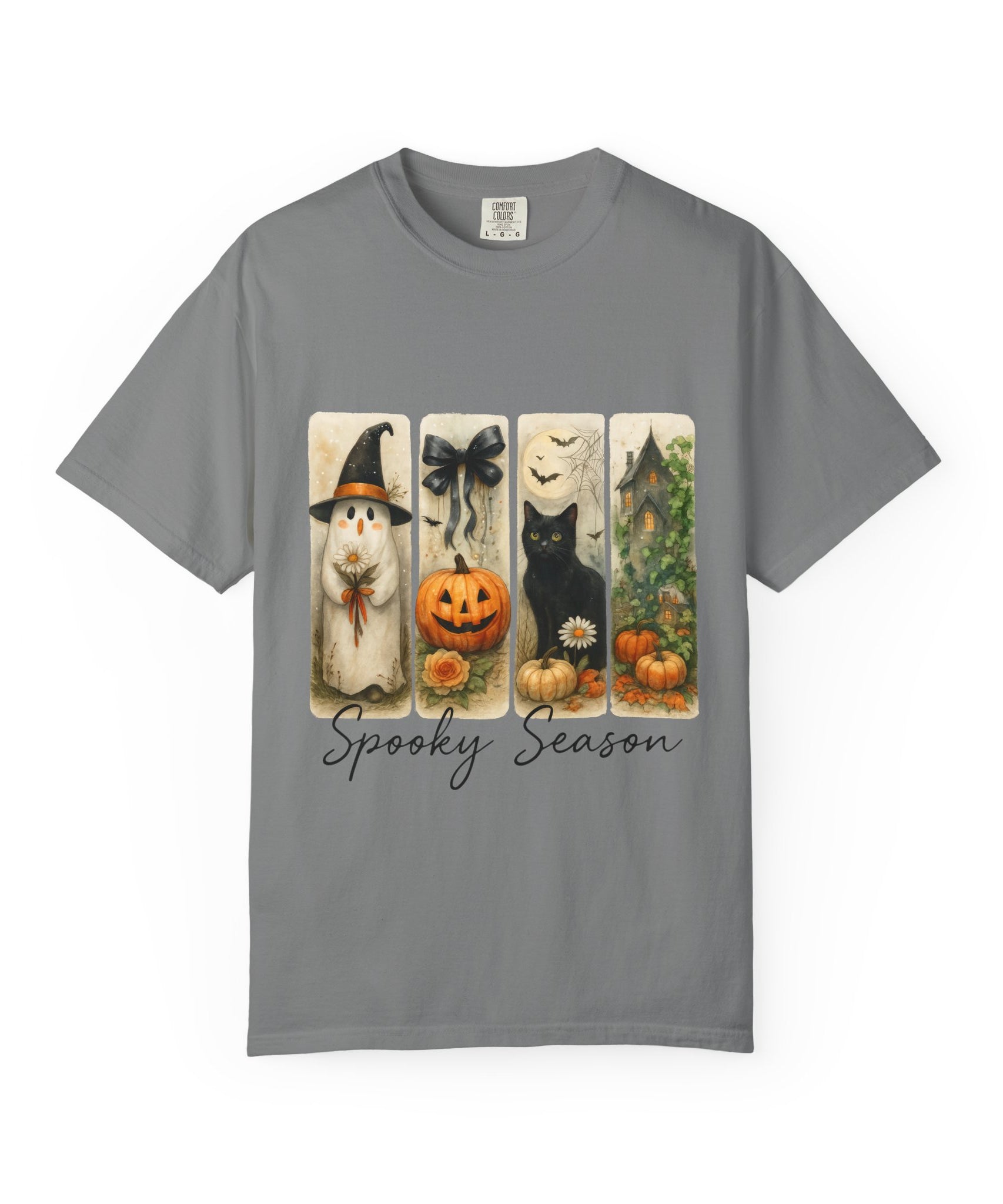 Vintage Halloween Unisex T-Shirt – Cute Ghost, Black Cat, Pumpkin & Haunted House Art - Gallory Hive