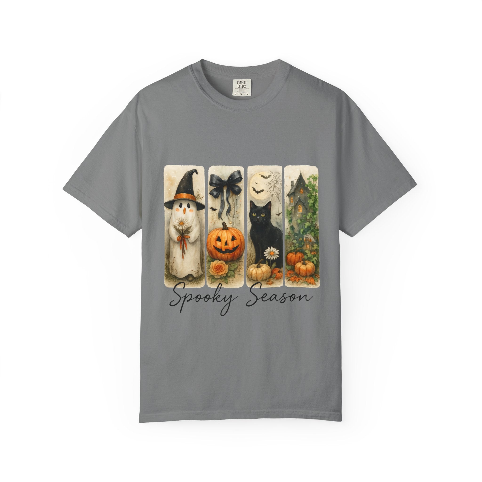 Vintage Halloween Unisex T-Shirt – Cute Ghost, Black Cat, Pumpkin & Haunted House Art