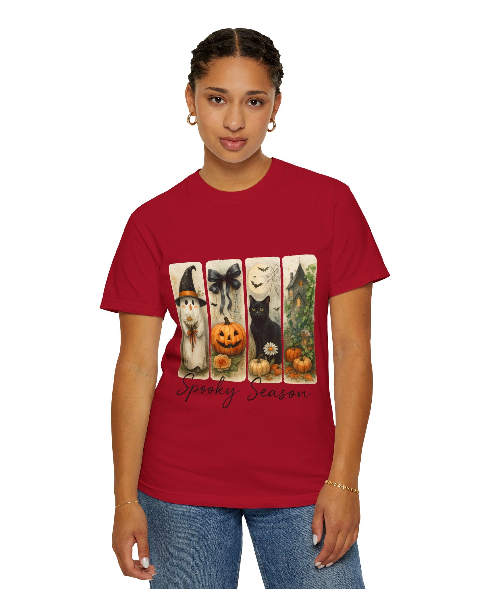Vintage Halloween Unisex T-Shirt – Cute Ghost, Black Cat, Pumpkin & Haunted House Art - Gallory Hive