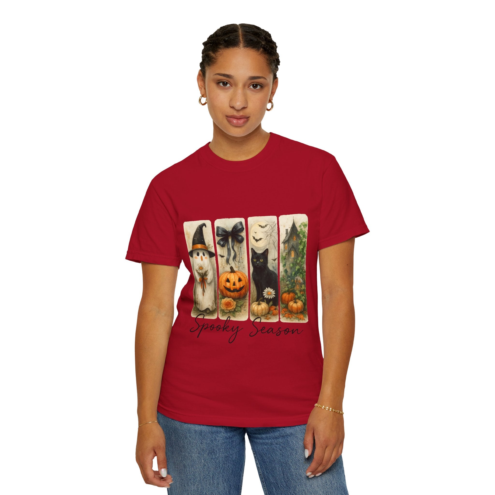 Vintage Halloween Unisex T-Shirt – Cute Ghost, Black Cat, Pumpkin & Haunted House Art