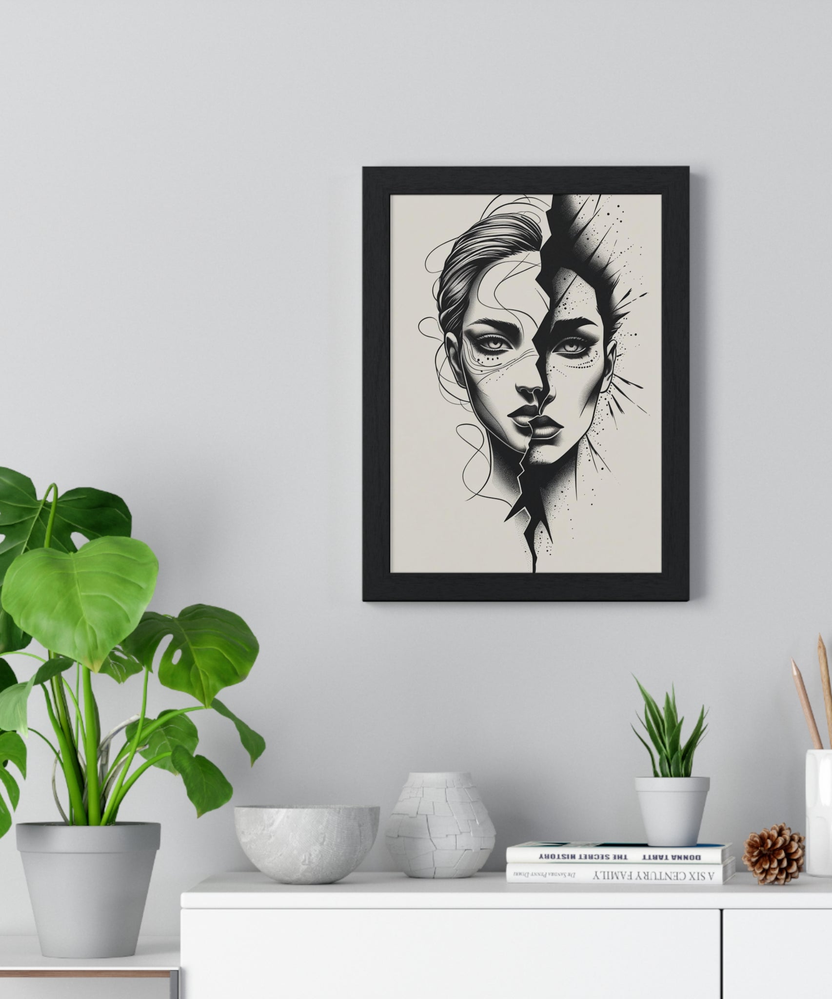 Framed Art Print, Modern Wall Decor, Home Office Gift, Minimalist Split Face Poster, Stylish Artwork - Gallory Hive