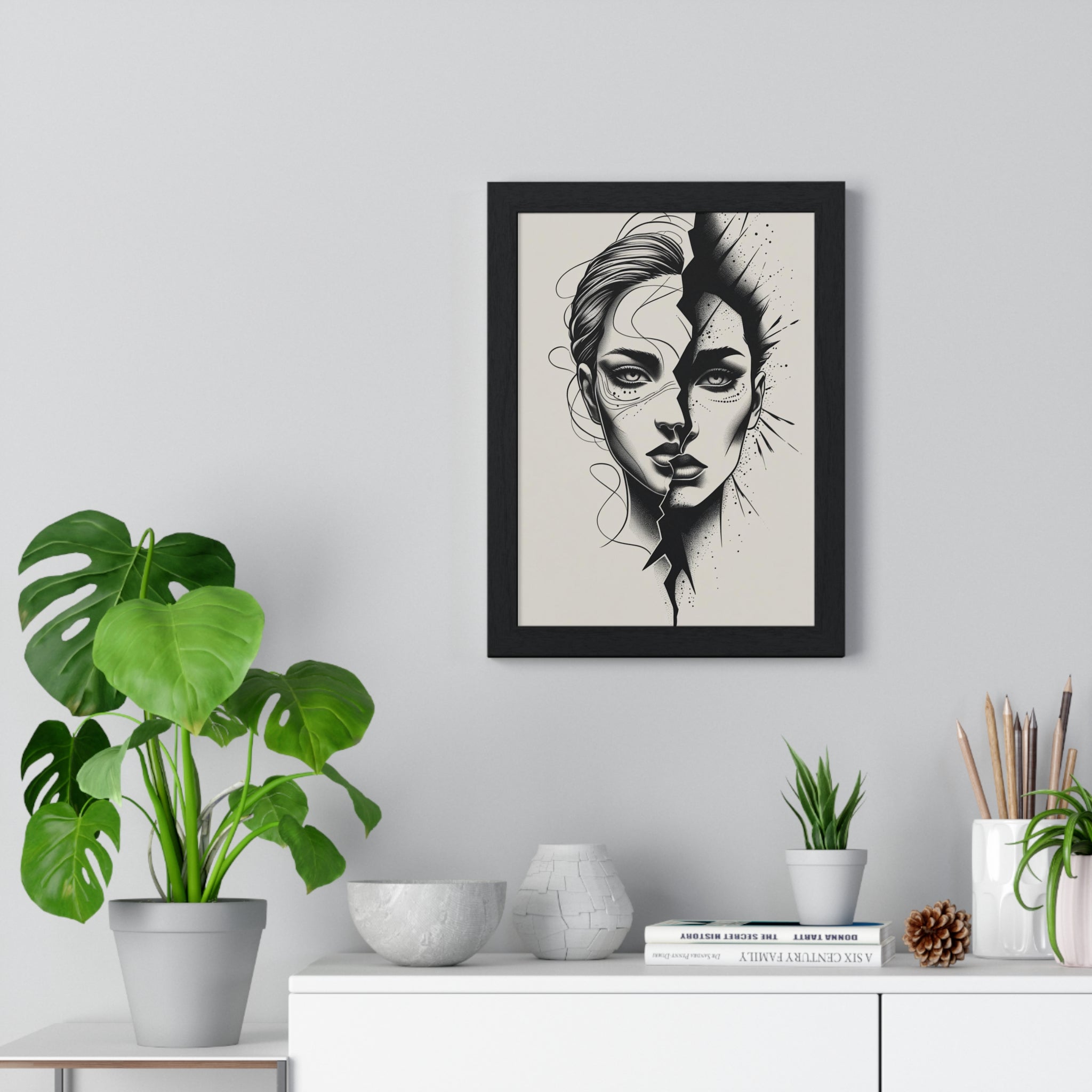 Framed Art Print, Modern Wall Decor, Home Office Gift, Minimalist Split Face Poster, Stylish Artwork