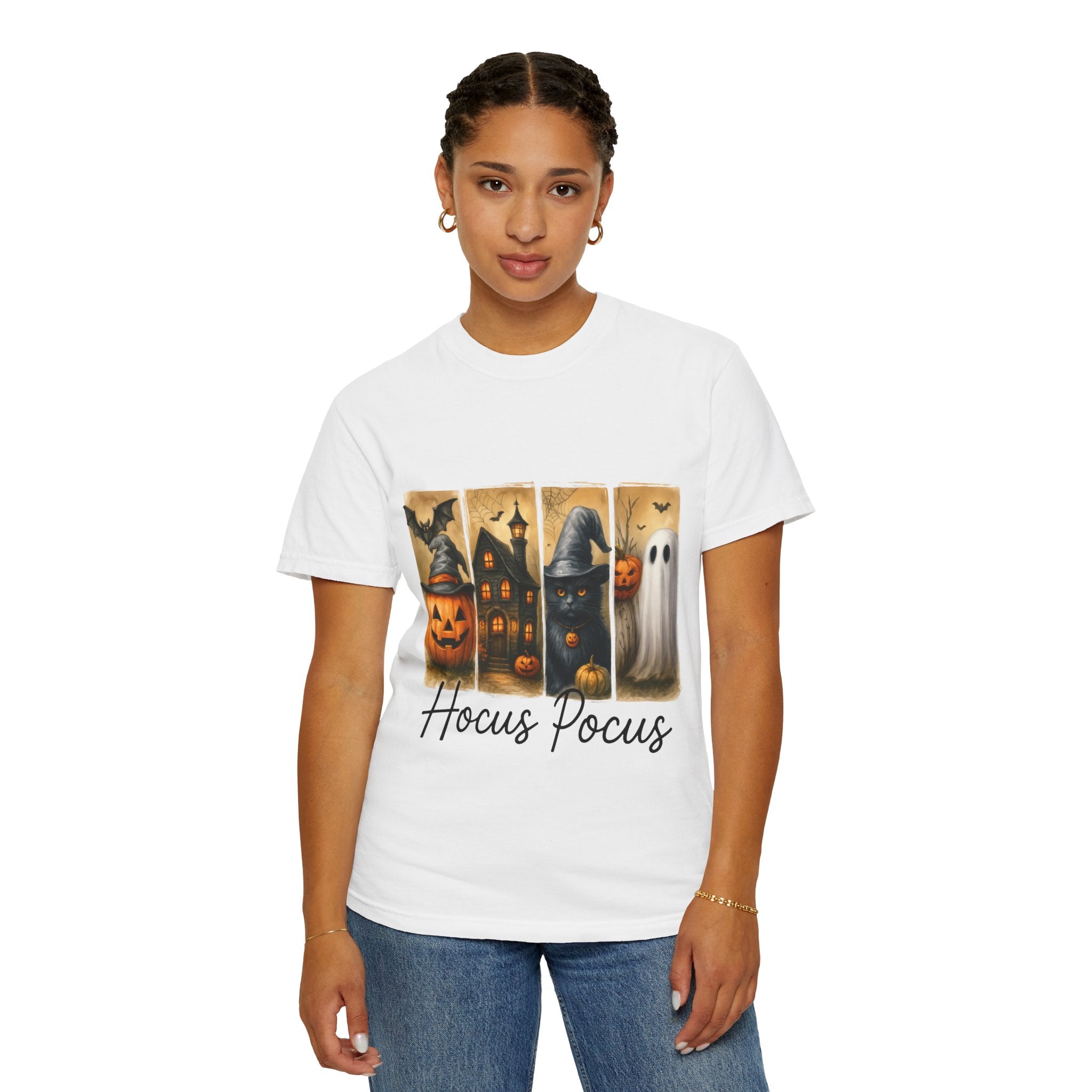 Hocus Pocus Halloween Unisex T-Shirt – Witchy Cat, Haunted House, Pumpkin & Ghost Art