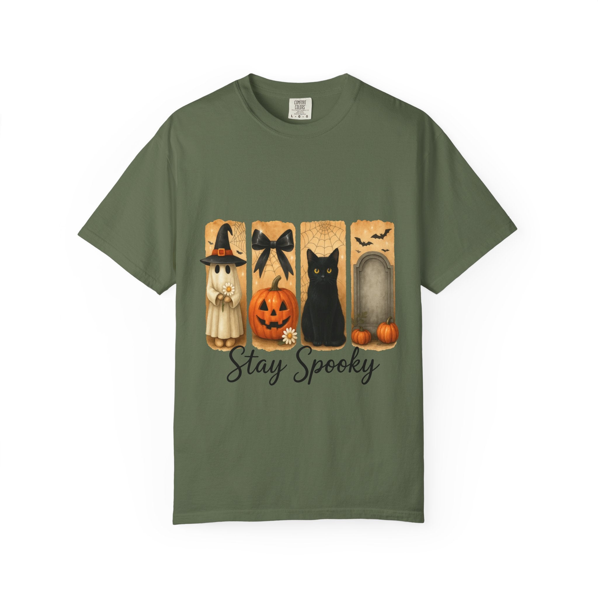 Cute Halloween T-Shirt – Ghost in Witch Hat, Pumpkin, Black Cat & Tombstone Design