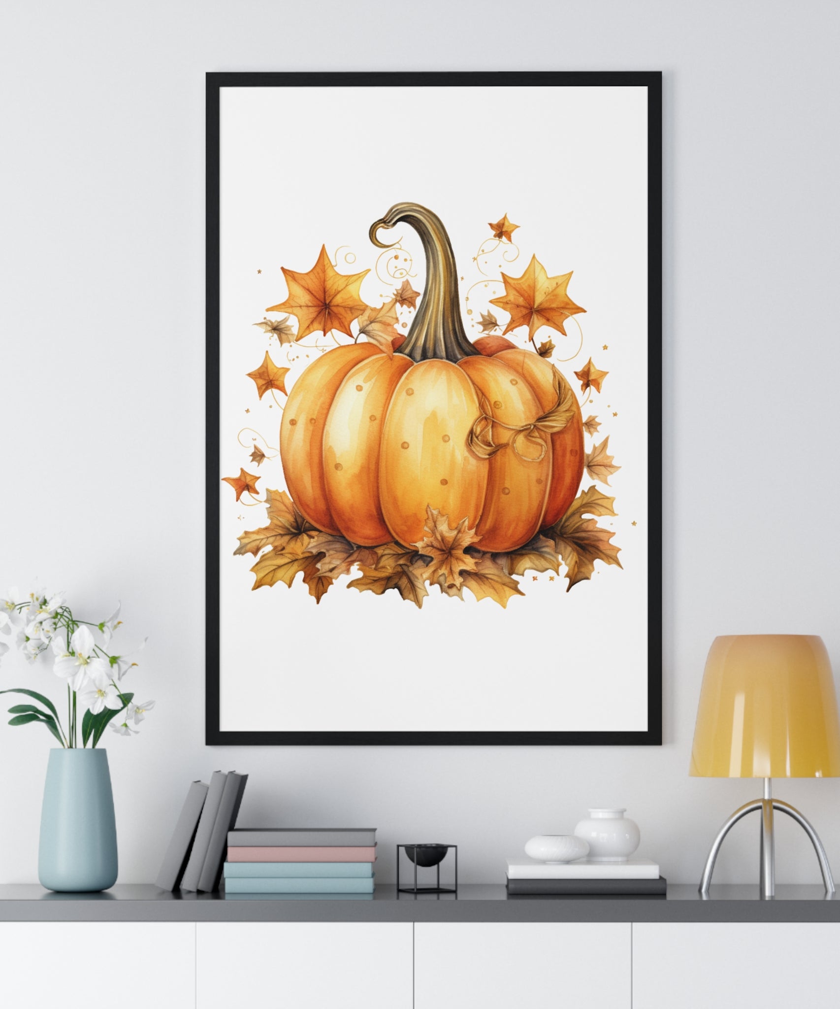 Decorative Autumn Pumpkin Wall Art – Bow-Tied Harvest Poster with Leaves & Swirls | Wooden Frame Fall Decor