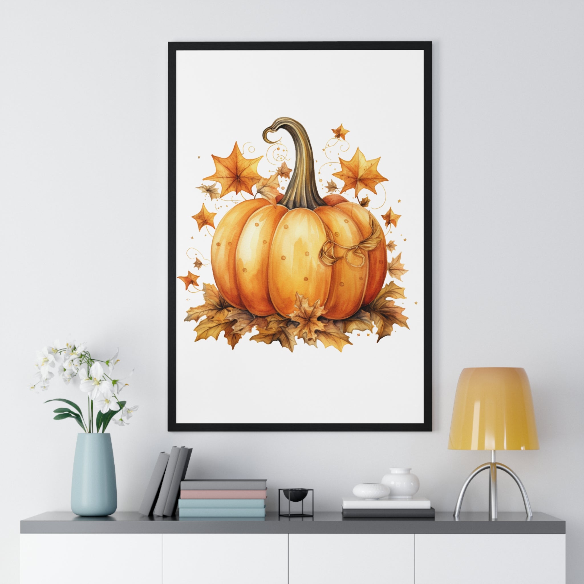 Decorative Autumn Pumpkin Wall Art – Bow-Tied Harvest Poster with Leaves & Swirls | Wooden Frame Fall Decor