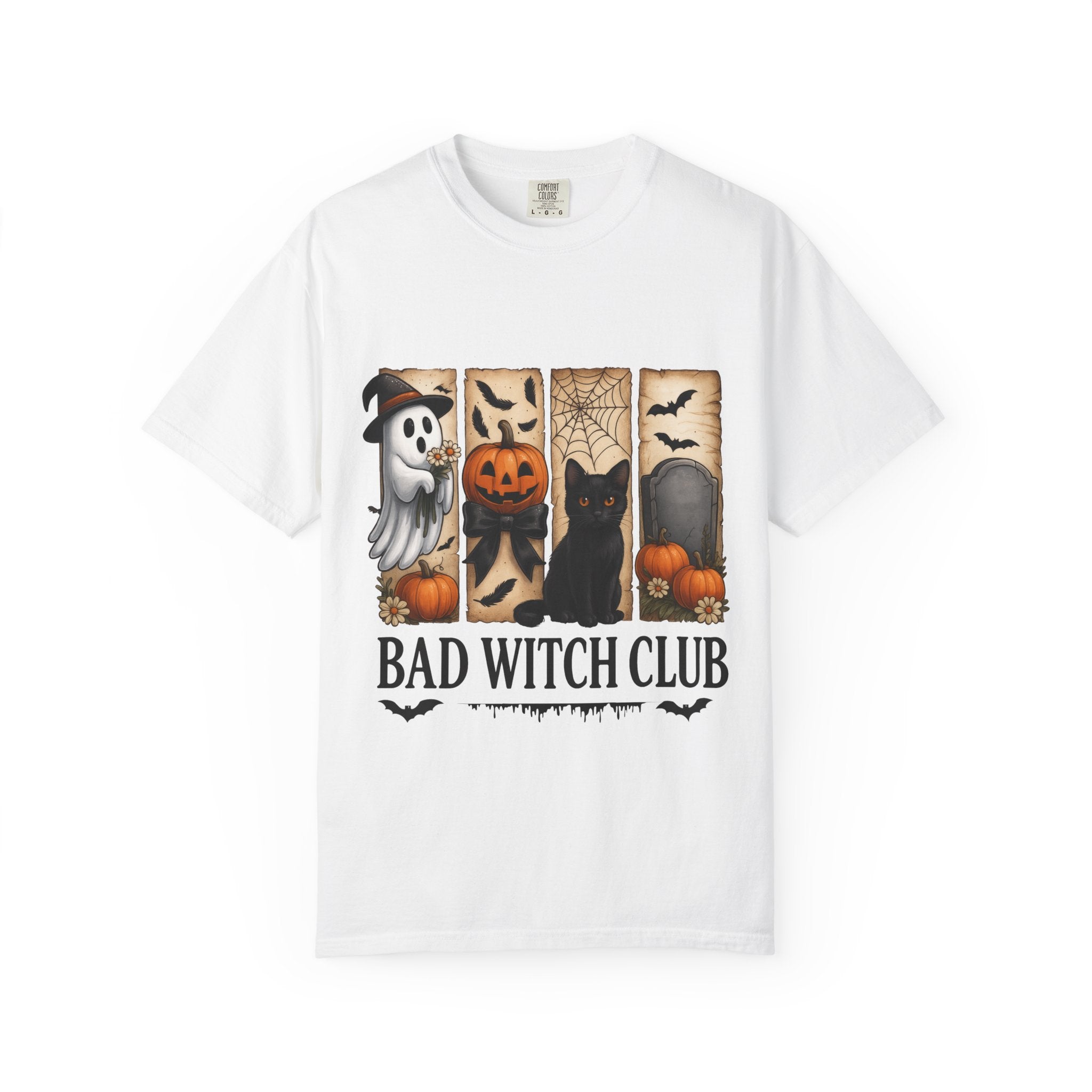 Bad Witch Club Halloween T-Shirt – Cute Ghost, Black Cat, Pumpkin & Spooky Gothic Design