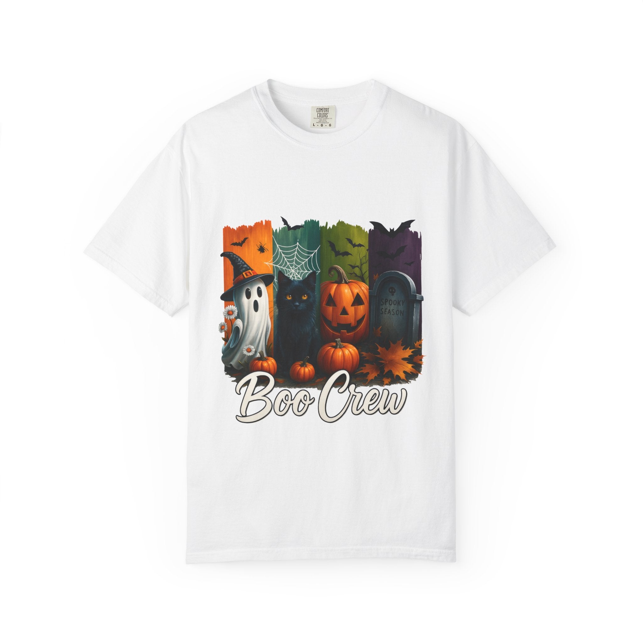 Boo Crew Halloween Unisex T-Shirt – Cute Ghost, Black Cat, Pumpkin & Tombstone Design