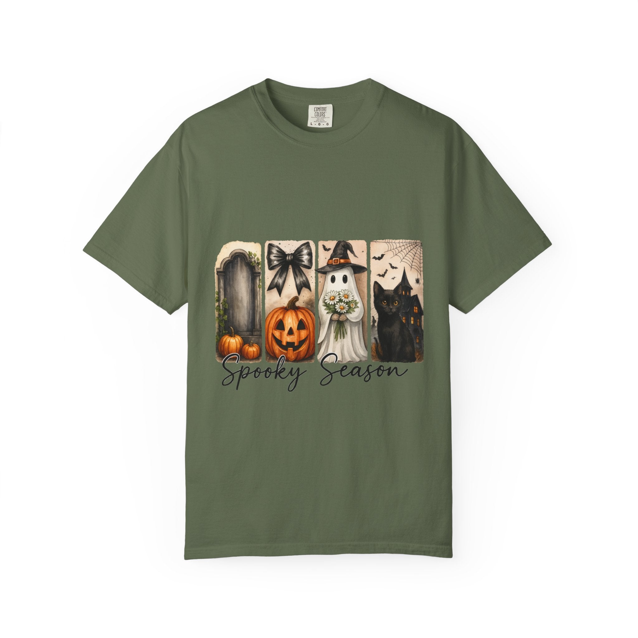 Spooky Season Unisex Halloween T-Shirt – Ghost, Black Cat, Pumpkin & Haunted House Art