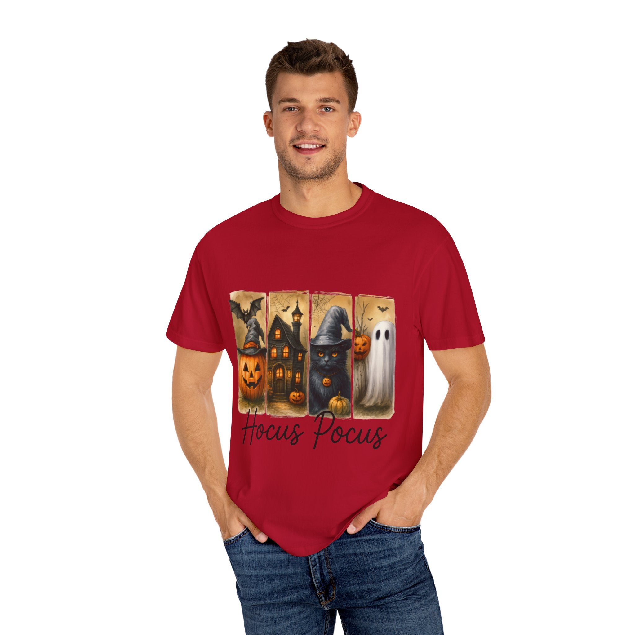 Hocus Pocus Halloween Unisex T-Shirt – Witchy Cat, Haunted House, Pumpkin & Ghost Art
