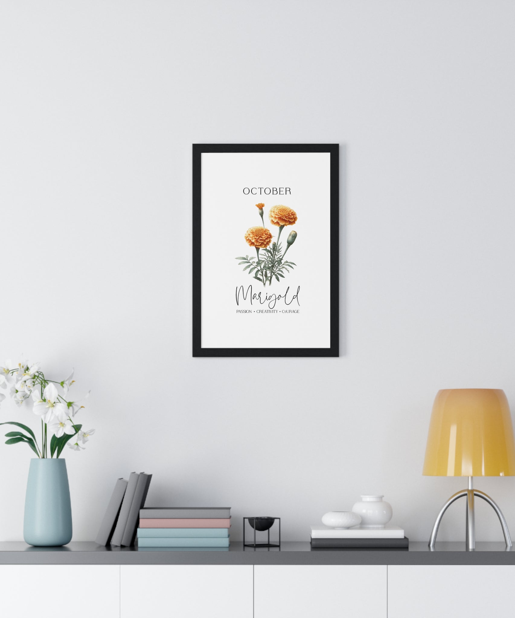 October Birth Month Flower Wall Art – Marigold Illustration in Wooden Frame | Passion, Creativity & Courage