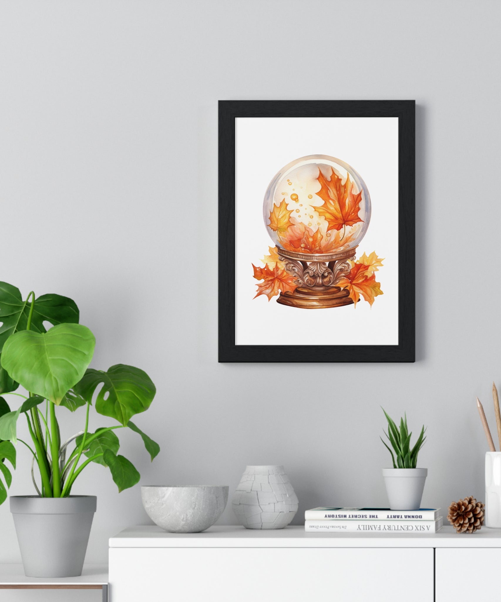 Floating Leaves Snow Globe Wall Art – Ornate Autumn Fantasy Poster | Wooden Frame Seasonal Home Decor
