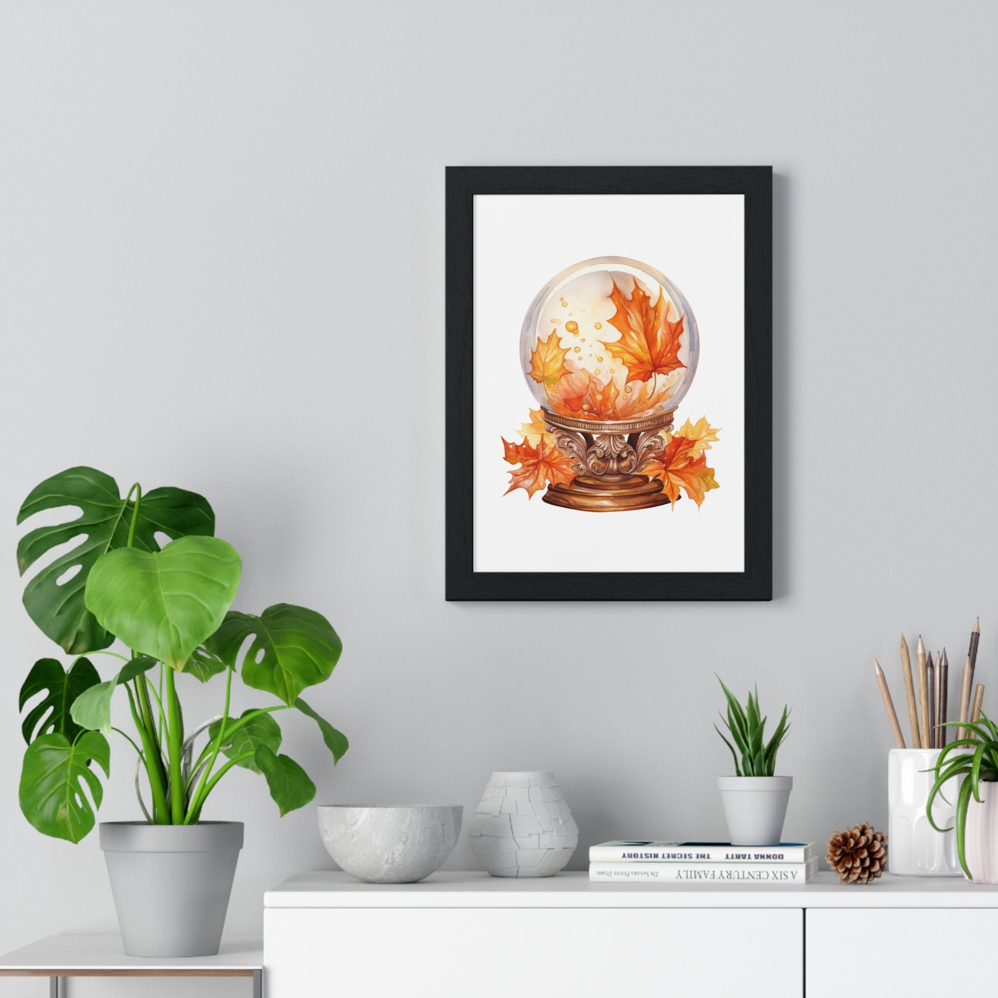Floating Leaves Snow Globe Wall Art – Ornate Autumn Fantasy Poster | Wooden Frame Seasonal Home Decor