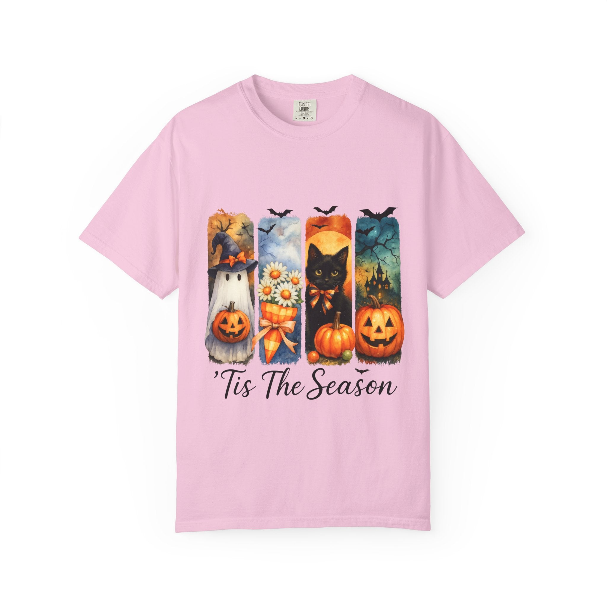 Whimsical Halloween T-Shirt – Ghost, Black Cat, Pumpkins & Haunted House Design