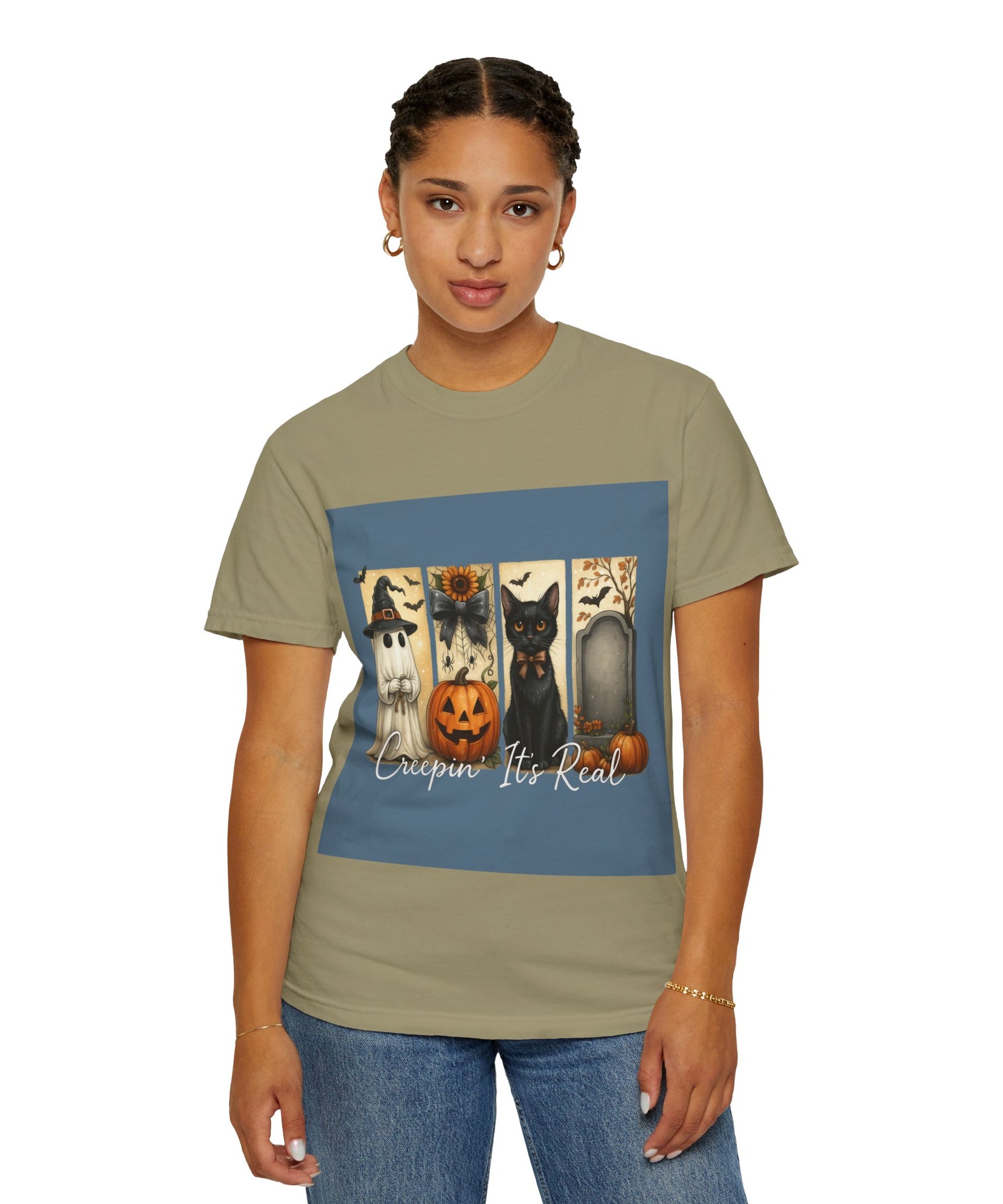 Creepin’ It’s Real Halloween T-Shirt – Cute Ghost, Pumpkin, Black Cat & Tombstone Design - Gallory Hive