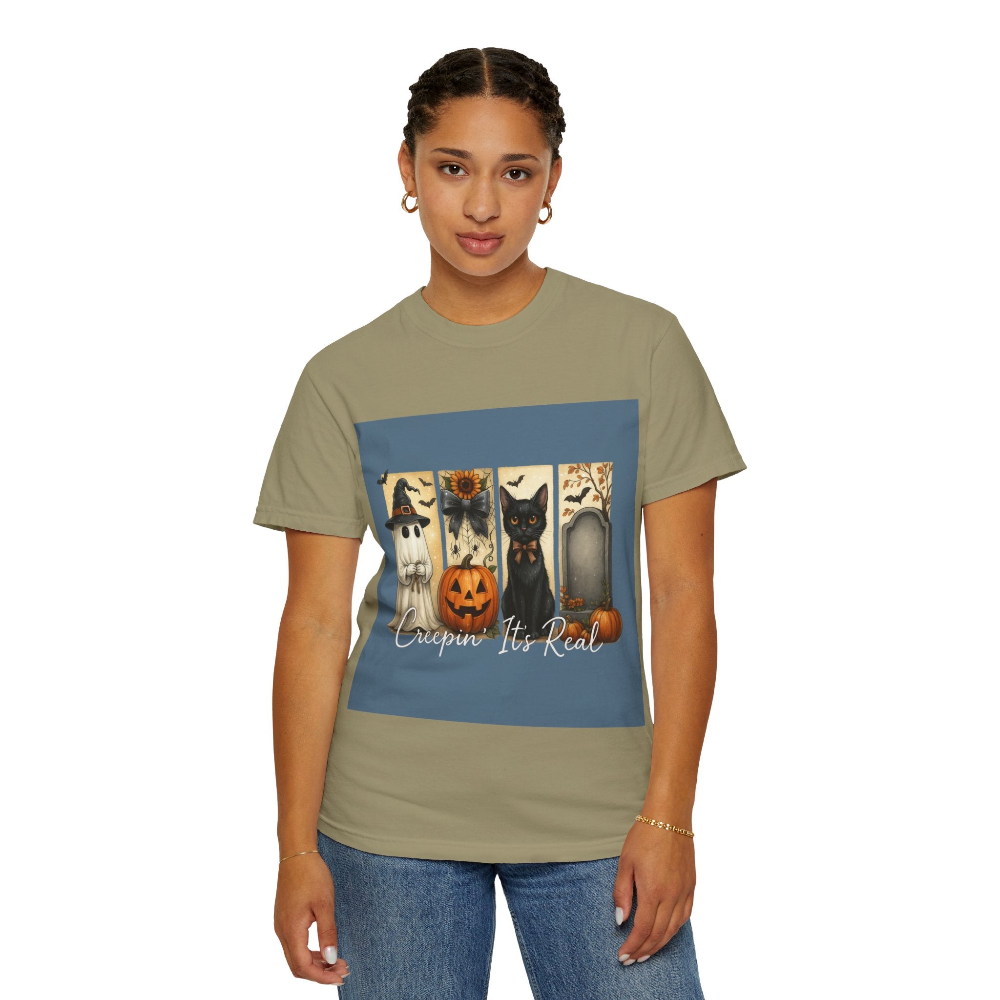 Creepin’ It’s Real Halloween T-Shirt – Cute Ghost, Pumpkin, Black Cat & Tombstone Design