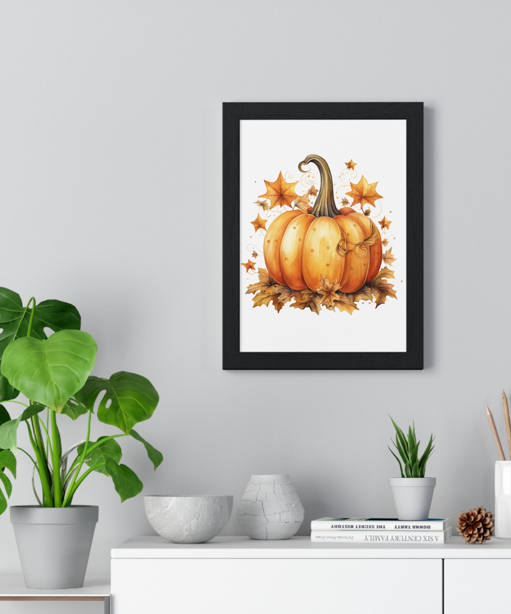 Decorative Autumn Pumpkin Wall Art – Bow-Tied Harvest Poster with Leaves & Swirls | Wooden Frame Fall Decor