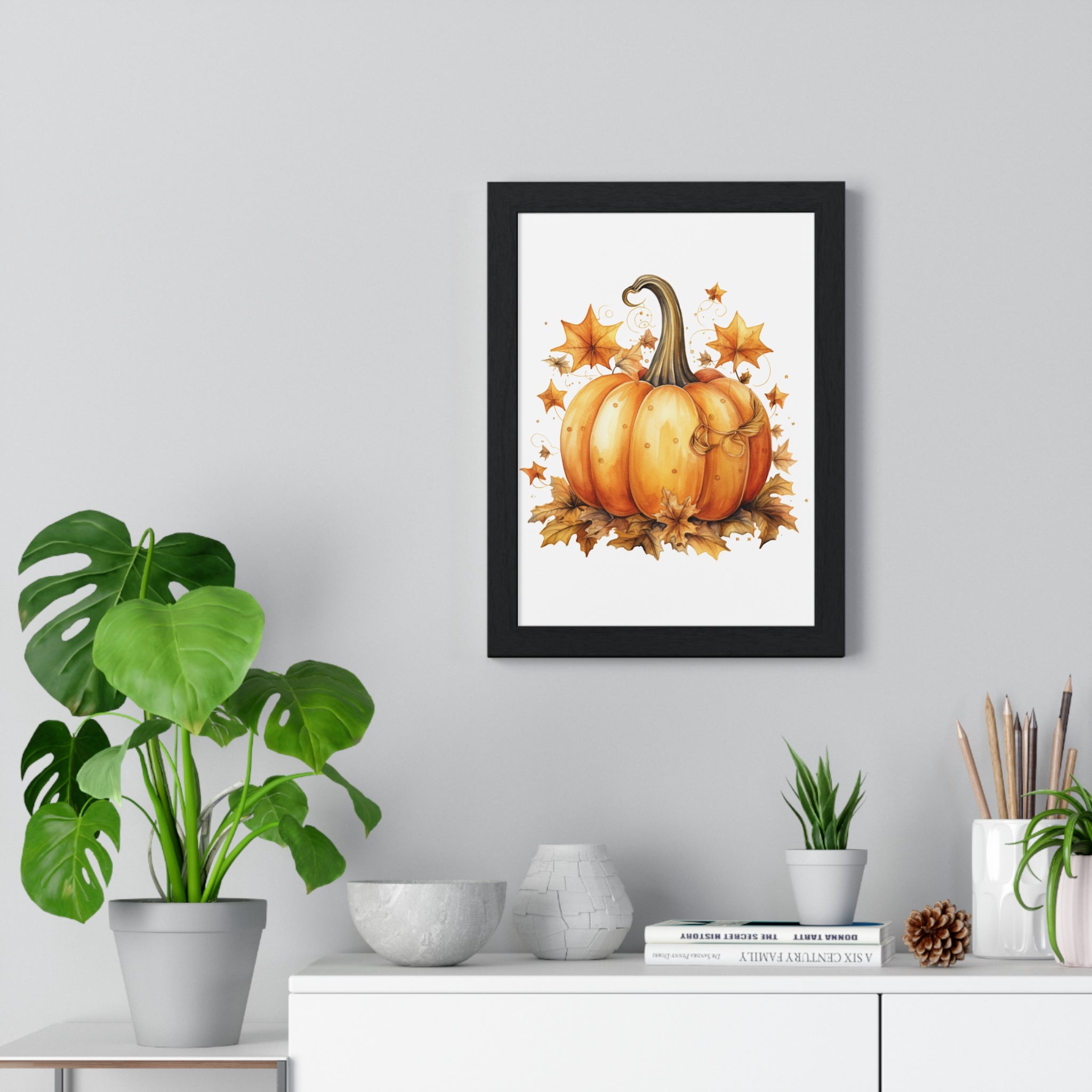 Decorative Autumn Pumpkin Wall Art – Bow-Tied Harvest Poster with Leaves & Swirls | Wooden Frame Fall Decor