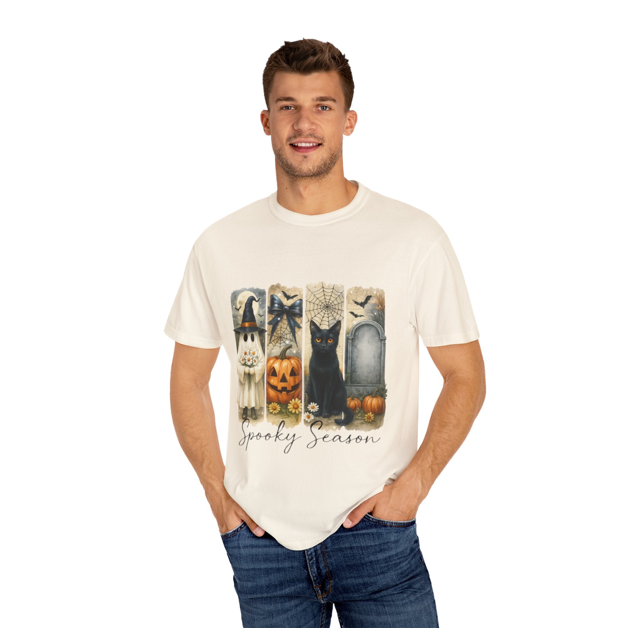 Spooky Season Halloween Unisex T-Shirt – Ghost, Black Cat & Pumpkin Design