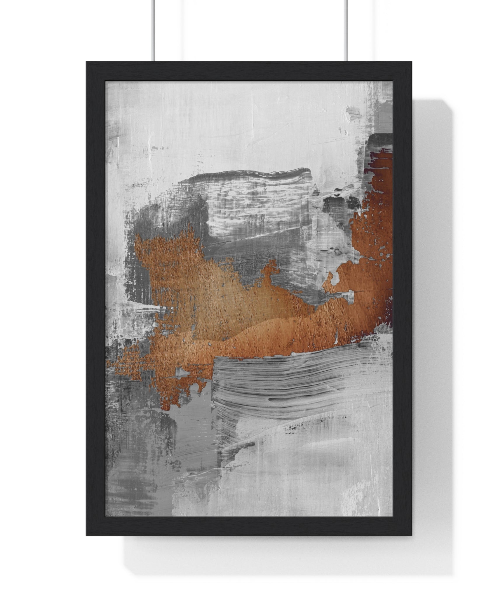Textured Abstract Wall Art – Grey, Copper & White Modern Brushstroke Poster on Wooden Frame