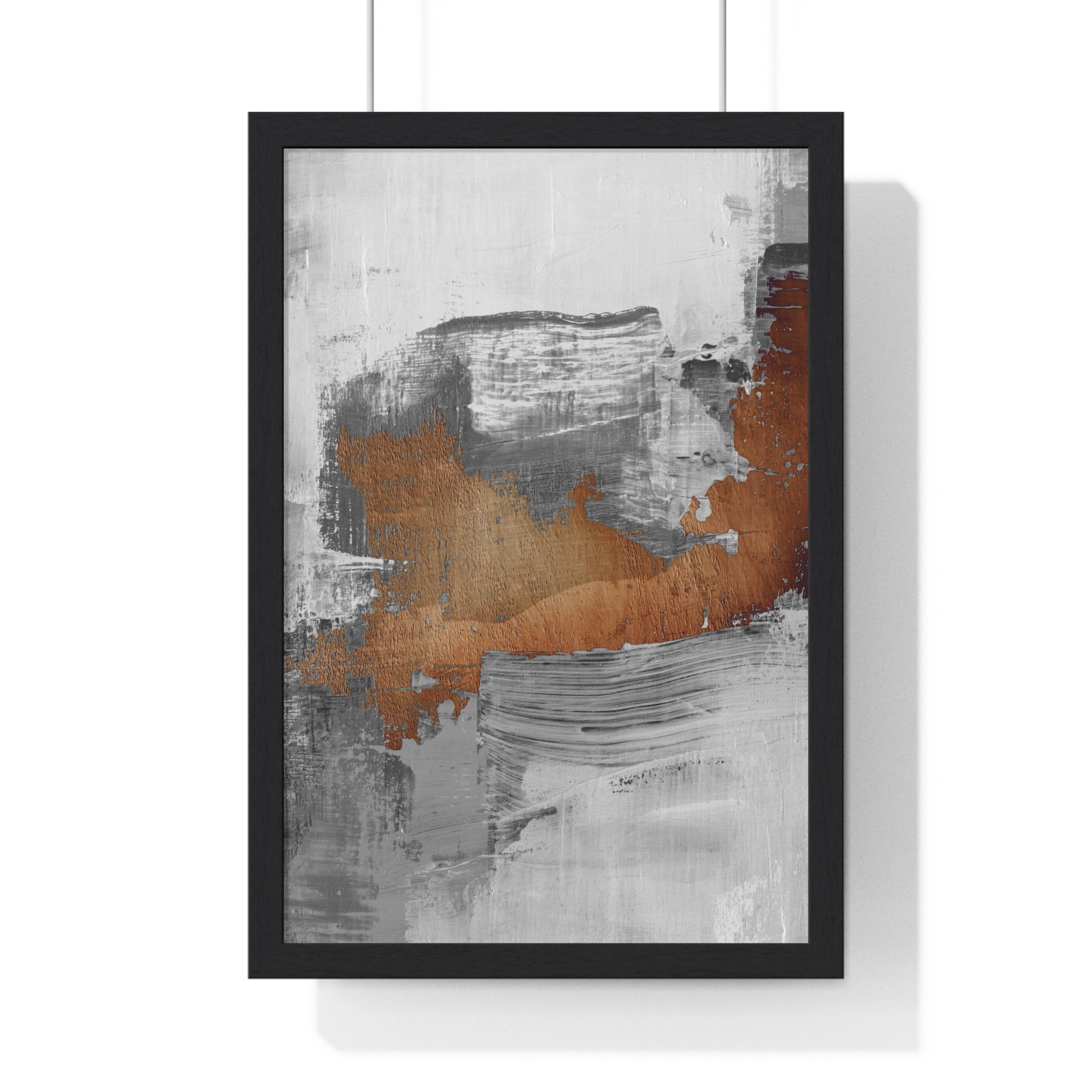 Textured Abstract Wall Art – Grey, Copper & White Modern Brushstroke Poster on Wooden Frame