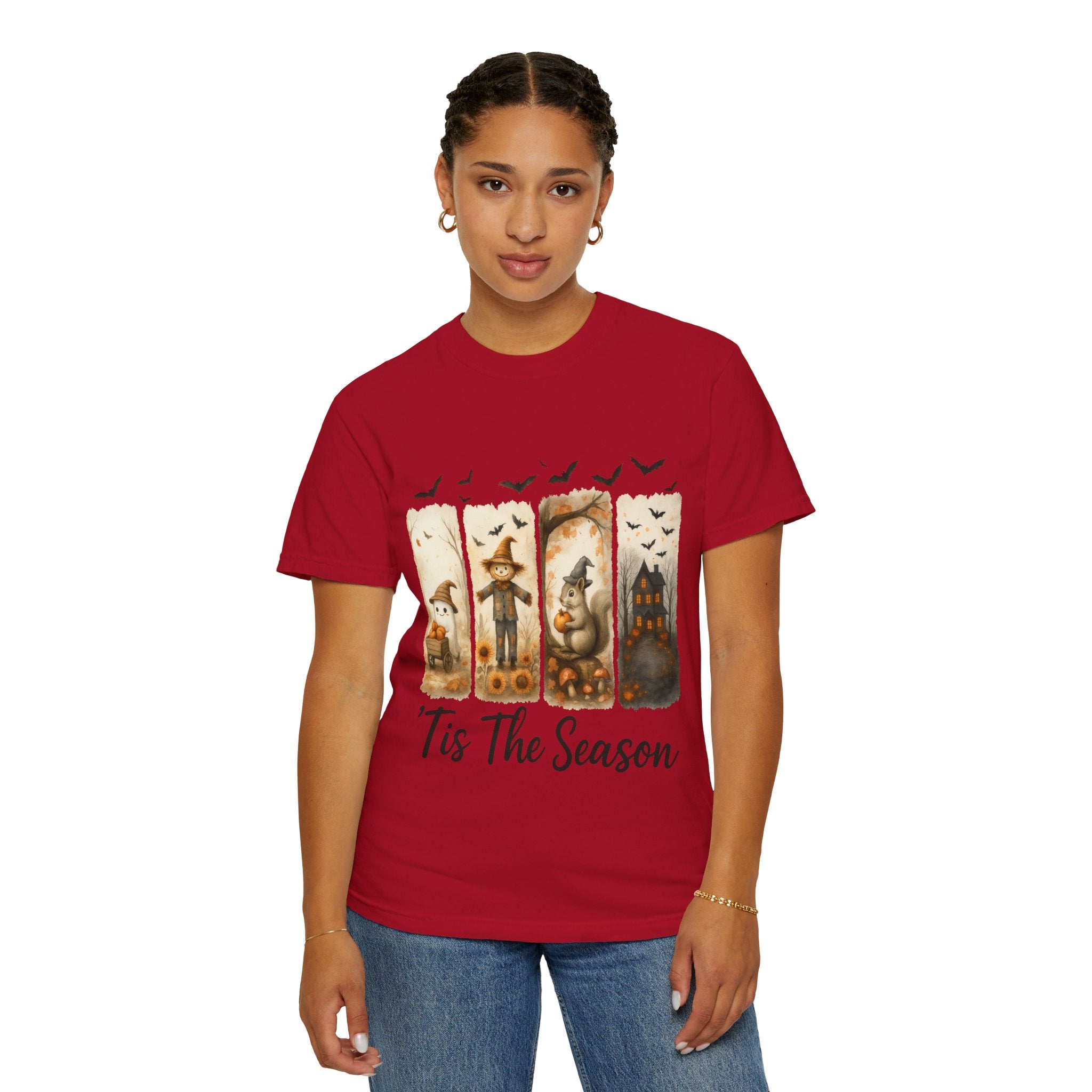 Tis The Season Fall Halloween T-Shirt – Cute Ghost, Scarecrow, Squirrel & Haunted House Design