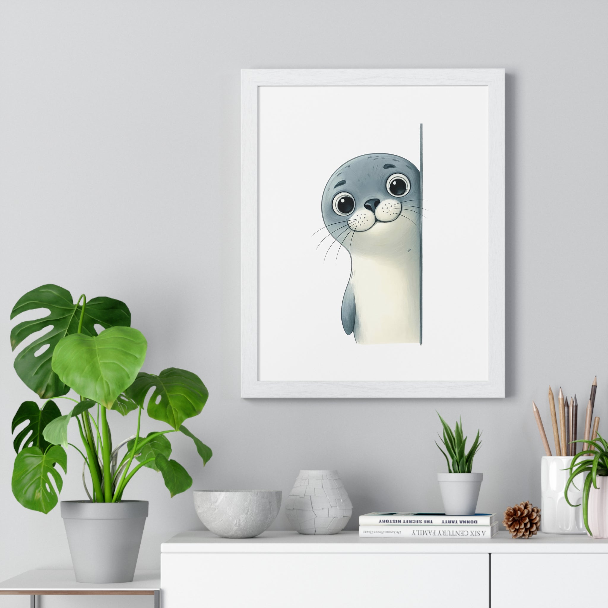 Wooden Frame Wall Decor with Adorable Seal Print
