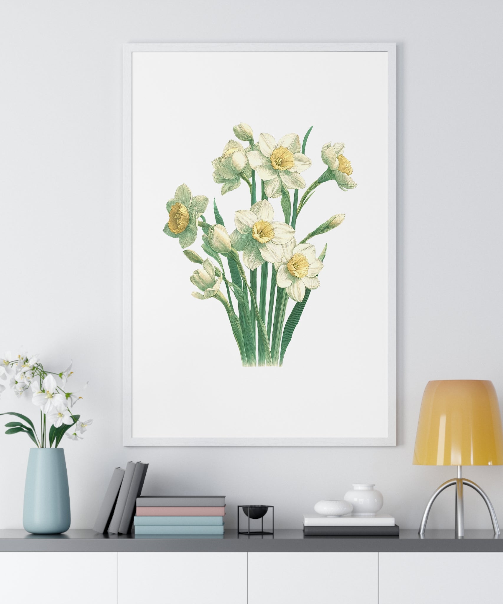 December Birth Month Flower Wall Art – Narcissus Botanical Illustration in Wooden Frame | Hope, Good Fortune & Renewal