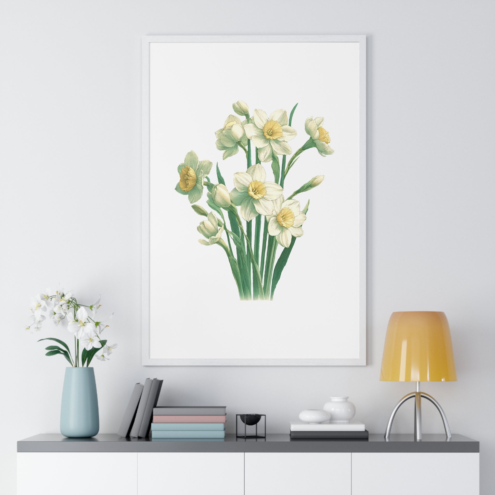 December Birth Month Flower Wall Art – Narcissus Botanical Illustration in Wooden Frame | Hope, Good Fortune & Renewal