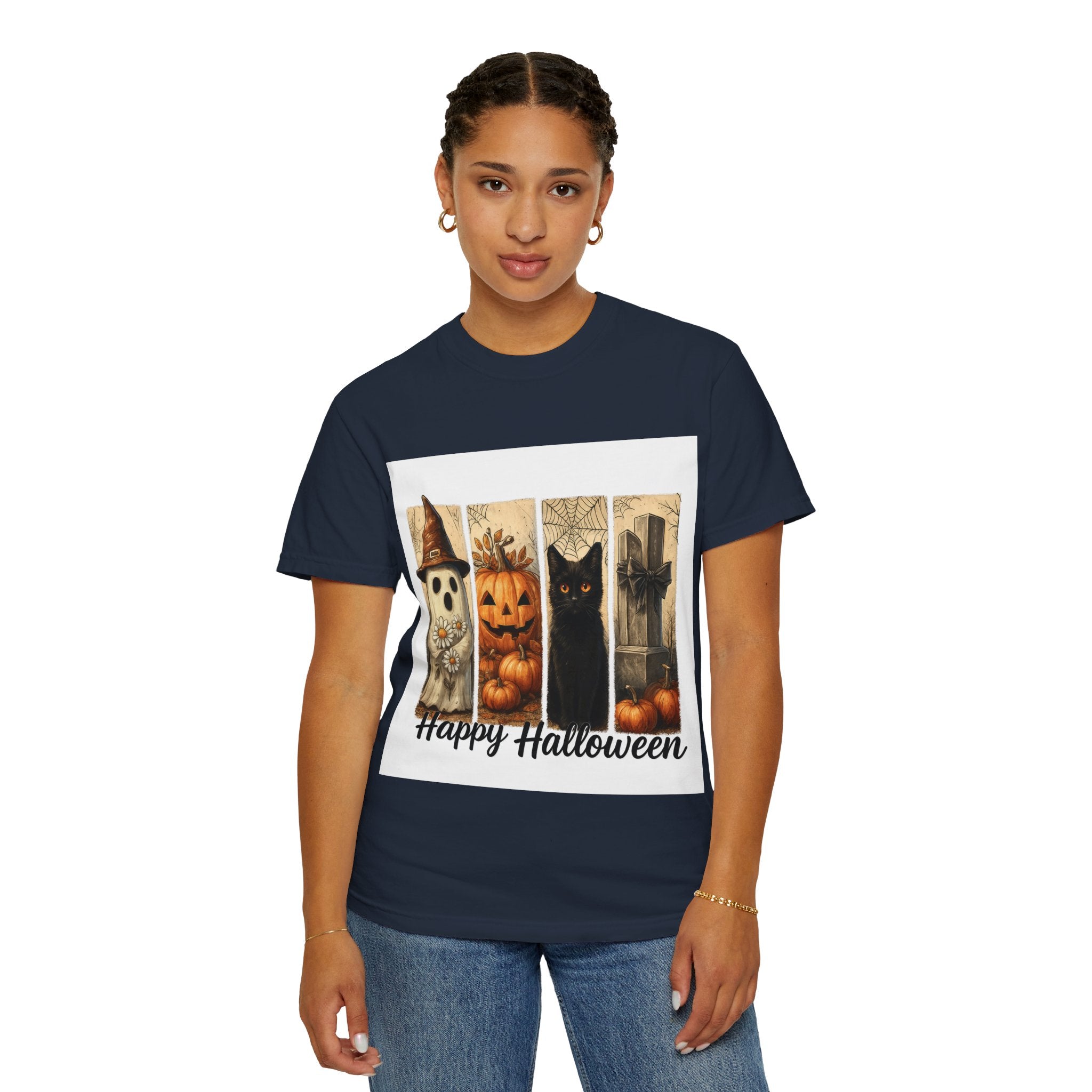 Happy Halloween Unisex T-Shirt – Ghost, Black Cat & Pumpkin Graphic Tee