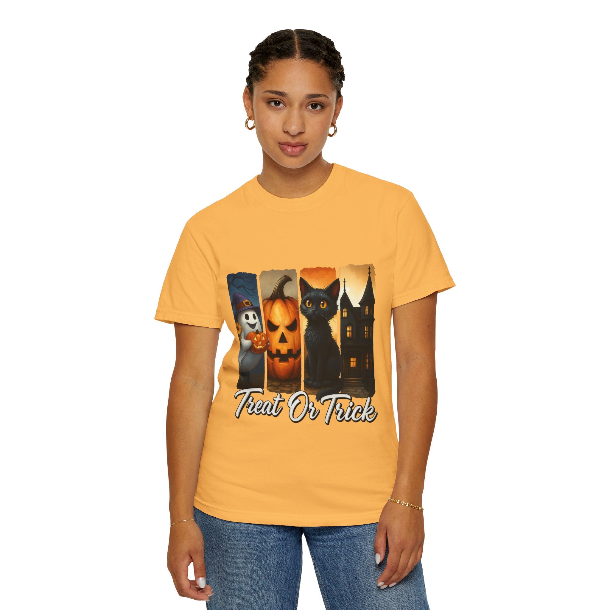 Treat Or Trick Halloween T-Shirt – Cute Ghost, Pumpkin, Black Cat & Haunted House Design - Gallory Hive