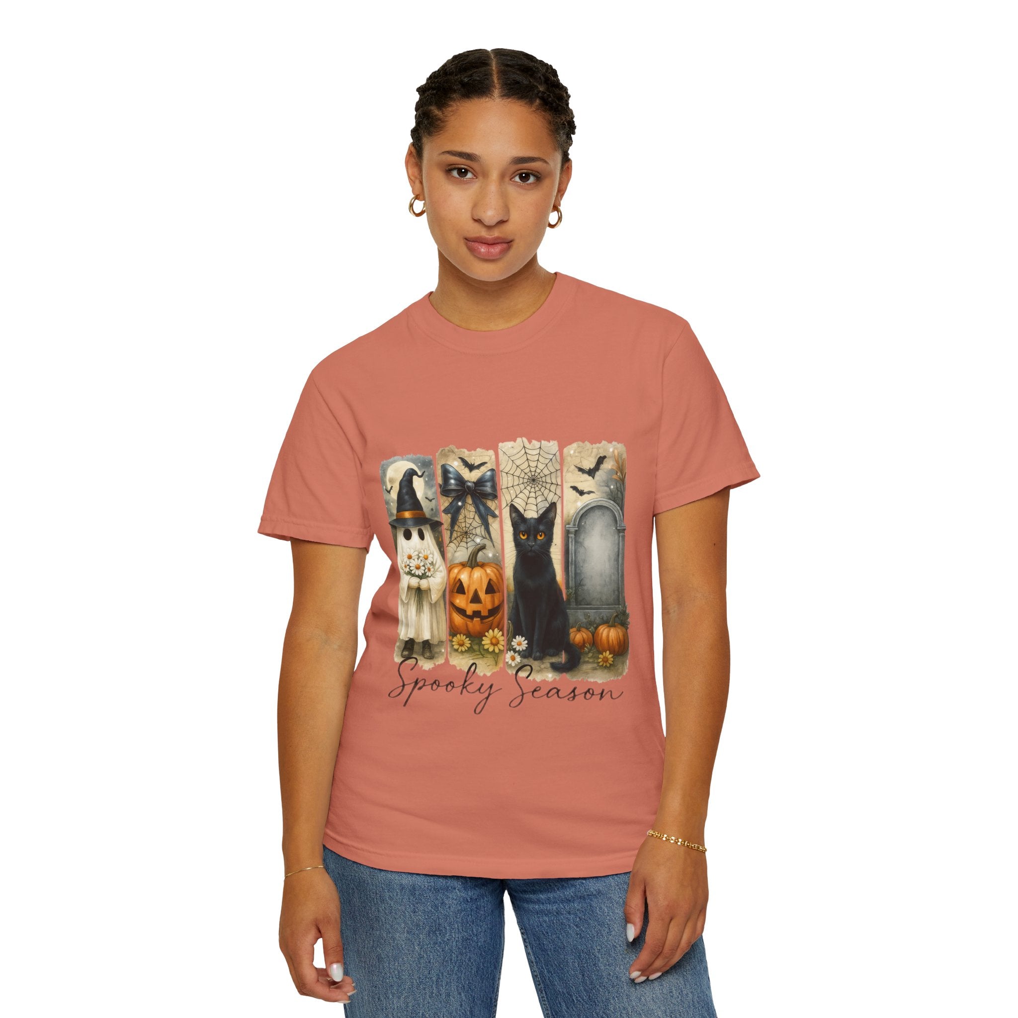 Spooky Season Halloween Unisex T-Shirt – Ghost, Black Cat & Pumpkin Design