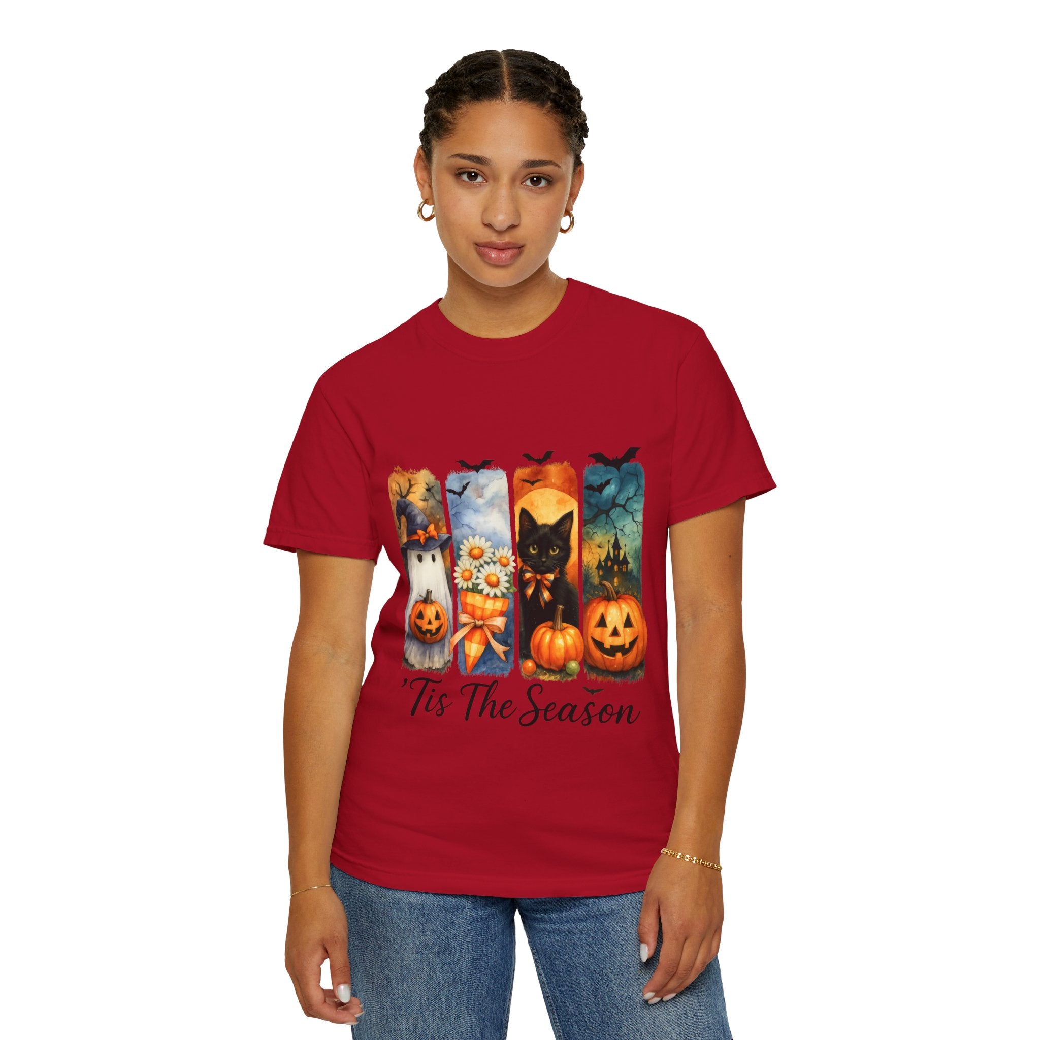 Whimsical Halloween T-Shirt – Ghost, Black Cat, Pumpkins & Haunted House Design - Gallory Hive