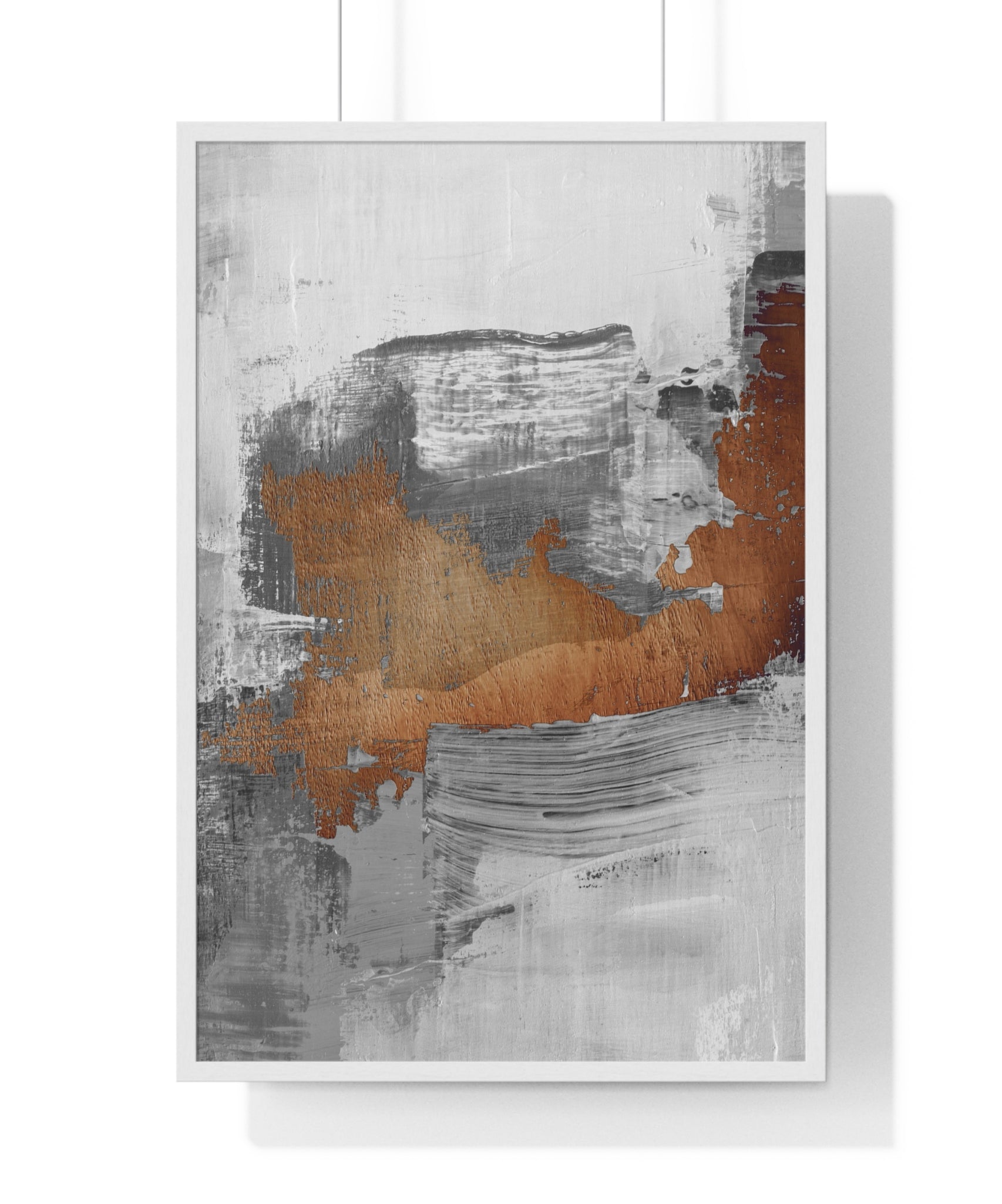 Textured Abstract Wall Art – Grey, Copper & White Modern Brushstroke Poster on Wooden Frame