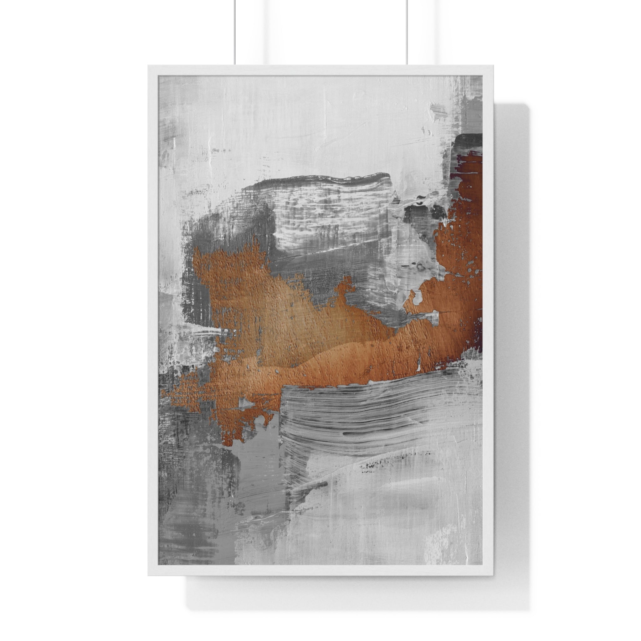 Textured Abstract Wall Art – Grey, Copper & White Modern Brushstroke Poster on Wooden Frame