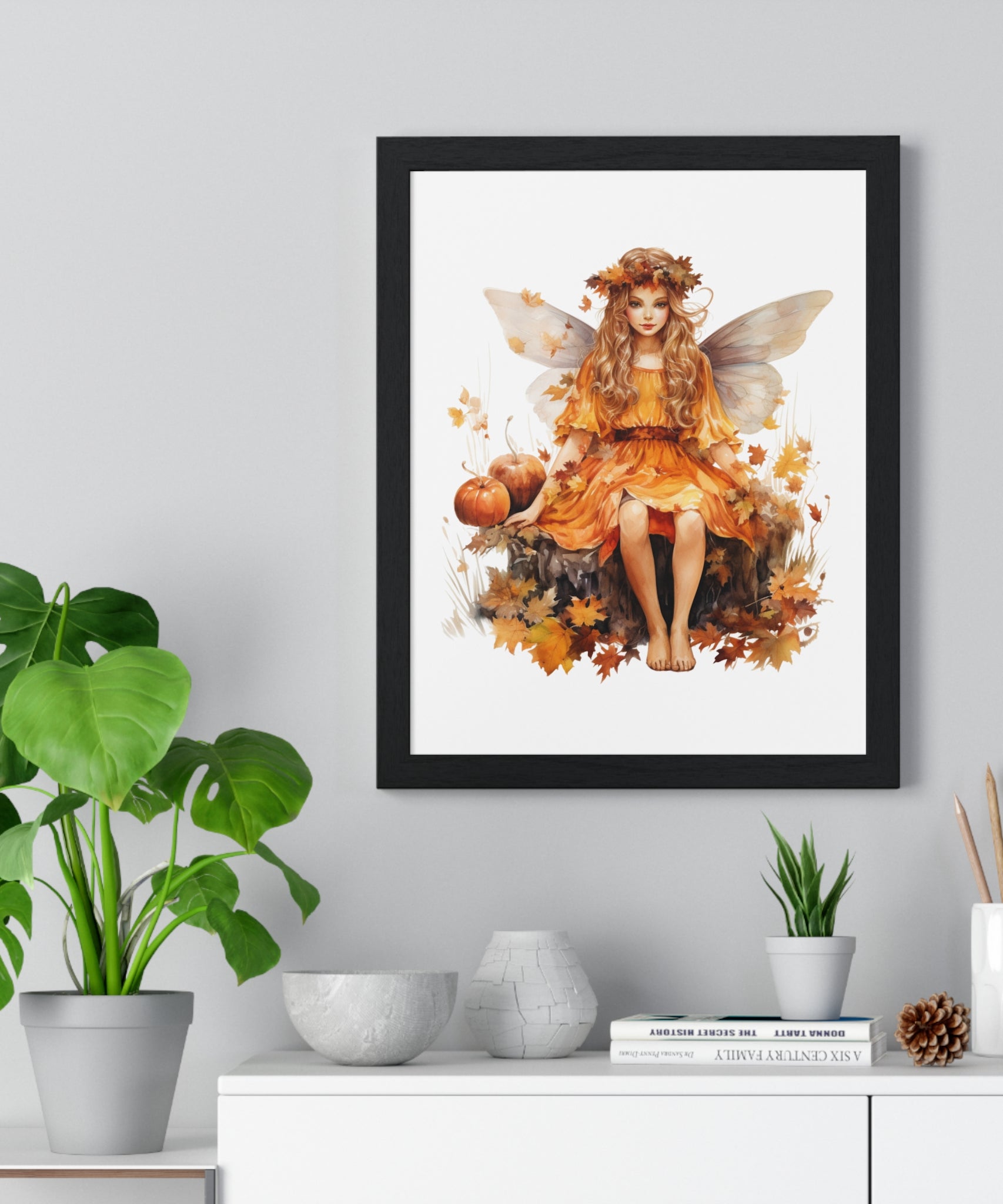 Fall Fairy Wall Art – Orange Dress Woodland Fairy with Pumpkins | Wooden Frame Poster for Autumn Home Decor