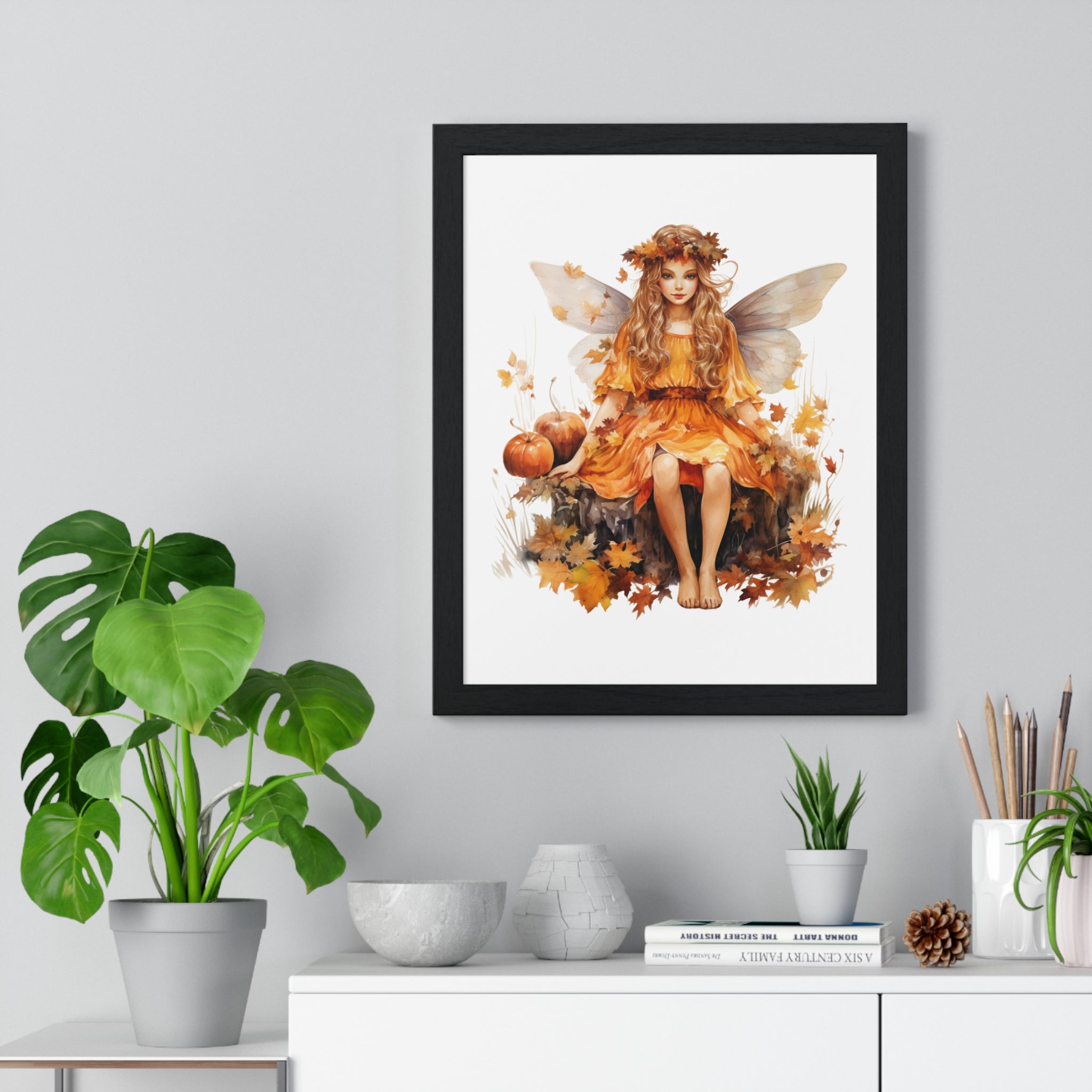Fall Fairy Wall Art – Orange Dress Woodland Fairy with Pumpkins | Wooden Frame Poster for Autumn Home Decor