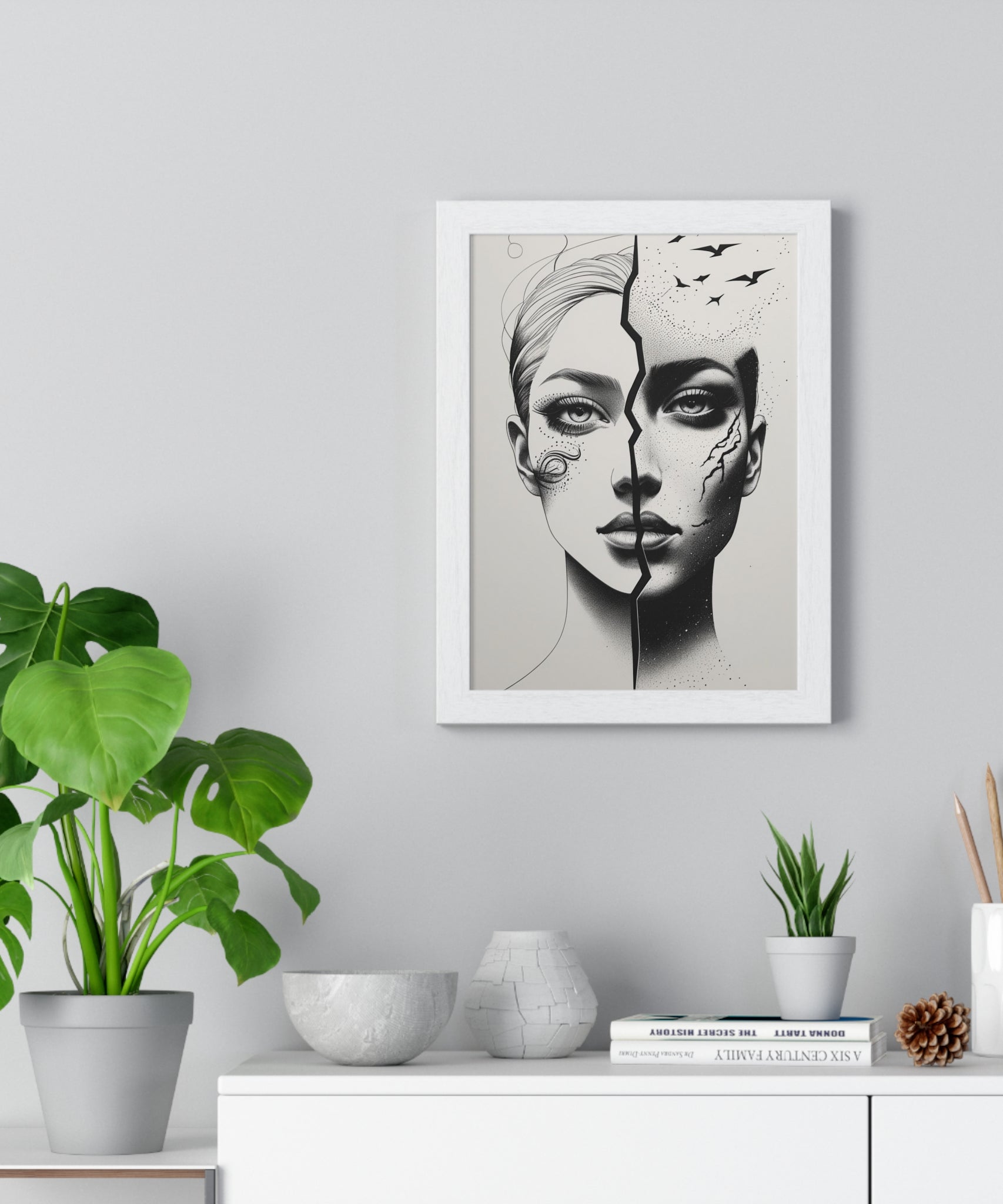 Vertical Framed Poster, Artistic Split Face Poster, Abstract Wall Art, Modern Home Decor, Unique Gift for Art Lovers, Stylish Room - Gallory Hive