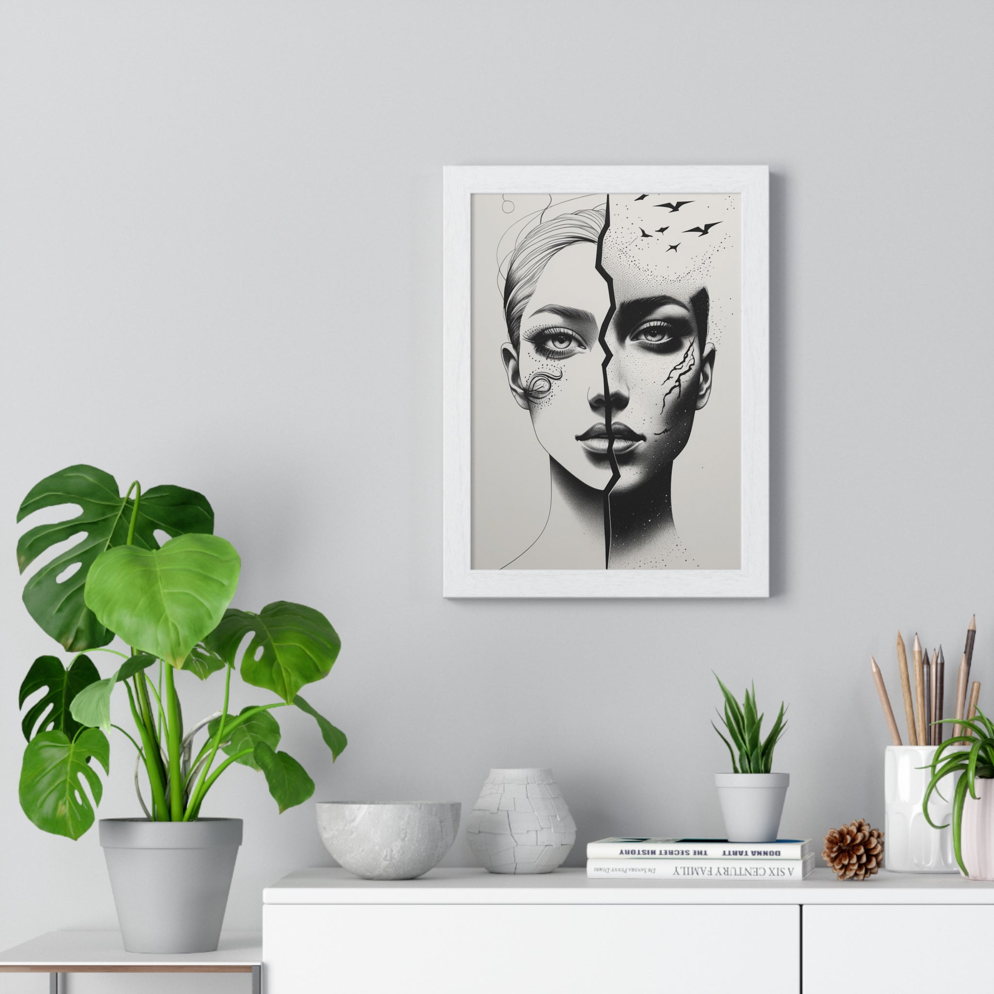 Vertical Framed Poster, Artistic Split Face Poster, Abstract Wall Art, Modern Home Decor, Unique Gift for Art Lovers, Stylish Room